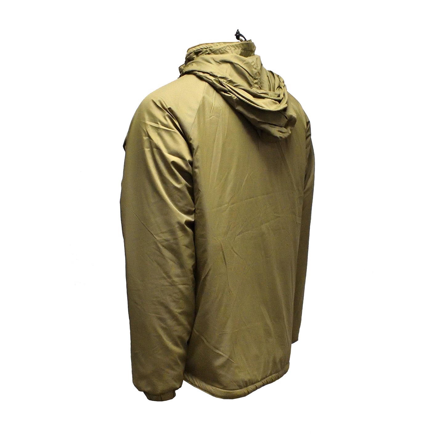 Left-angled rear view of British Army Thermal Jacket PCS Olive, showing back and stuff bag detail.