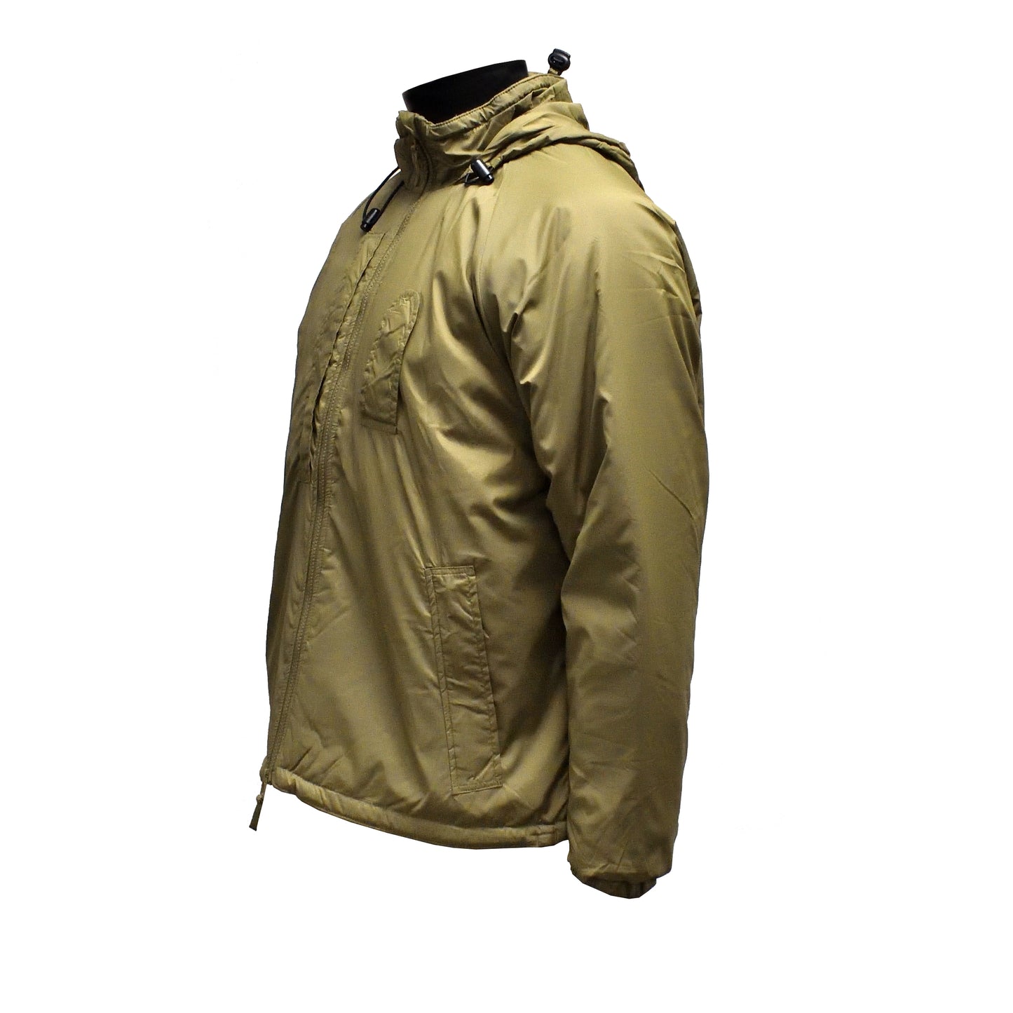 Left-angled front shot of British Army Thermal Jacket PCS Olive, featuring integral stuff bag.
