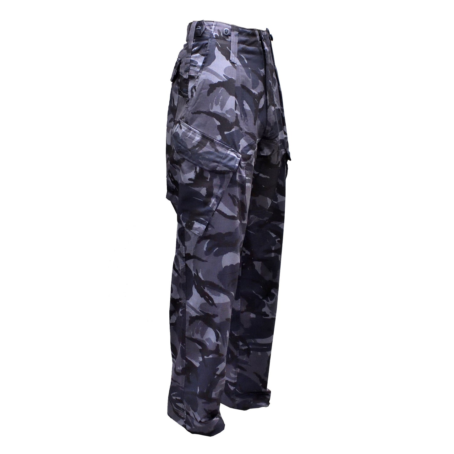 Right-angled front view of British Army Combat Trousers Blue Camo highlighting fabric and fit.