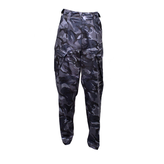 Front view of British Army Combat Trousers in blue camouflage.