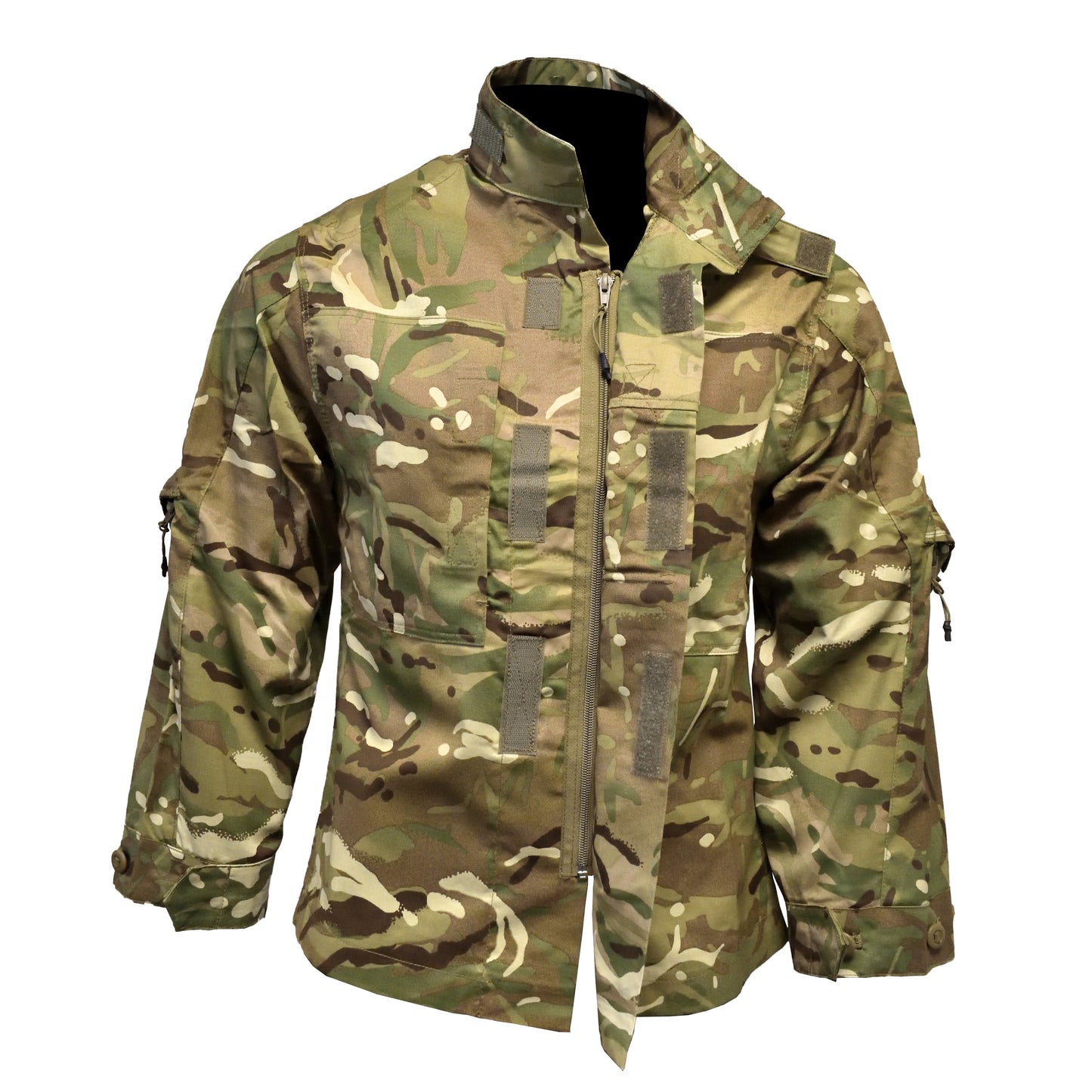 Front view shot with open collar of British Army Combat Shirt "23" in MTP camouflage.