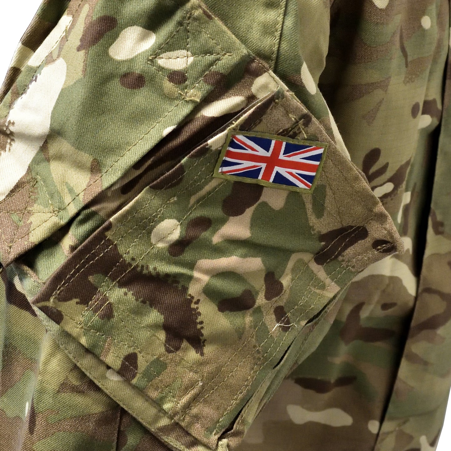 Close-up of Union Jack badge stitched on British Army Combat Shirt "23" MTP.