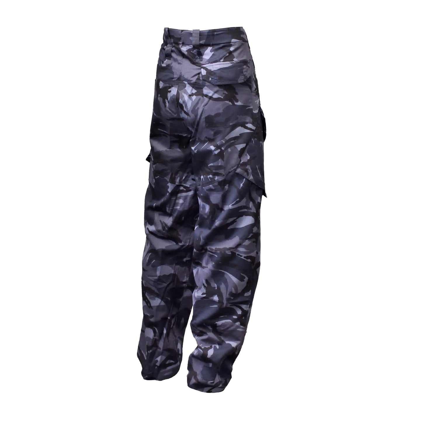 Angled rear right view of British Army Combat Trousers in Blue Camo pattern.