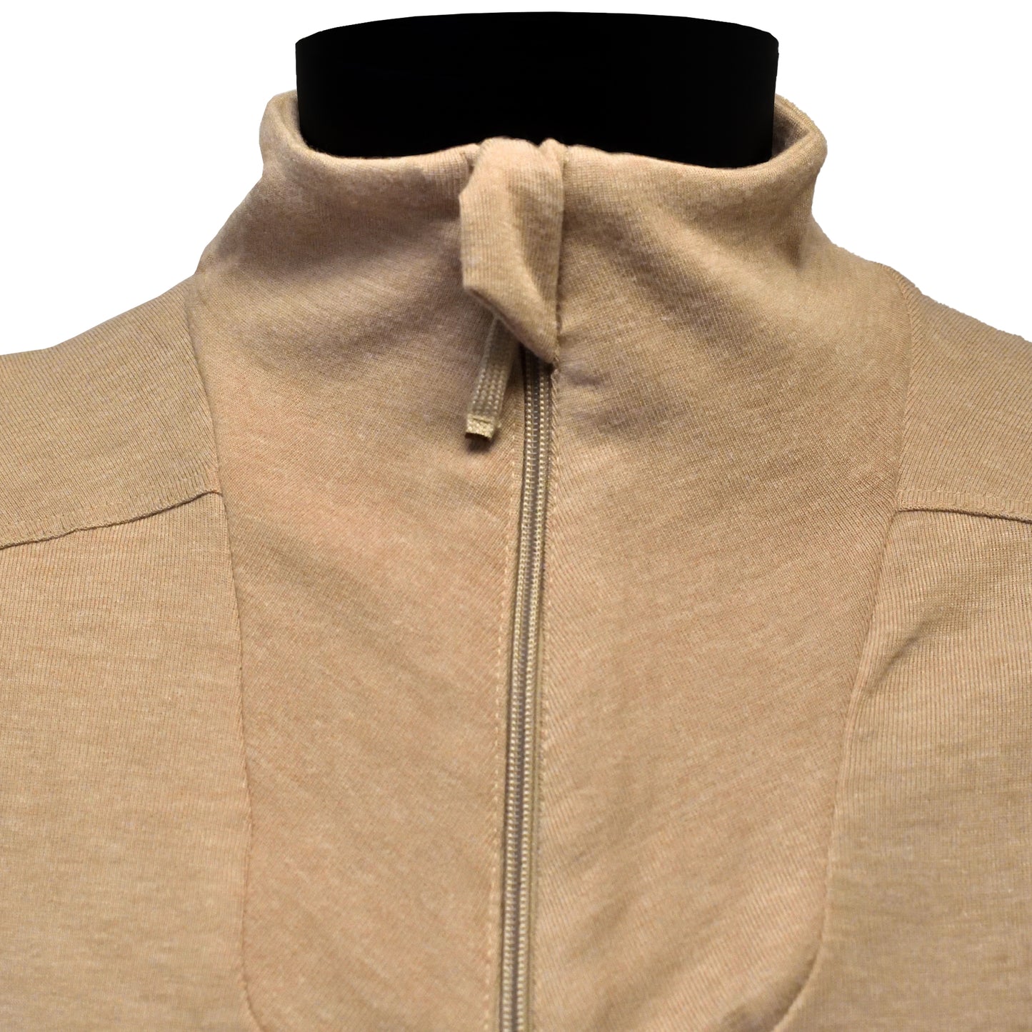 Close-up of zipped collar and stitching on British Army Desert FR Thermal Combat Undershirt.