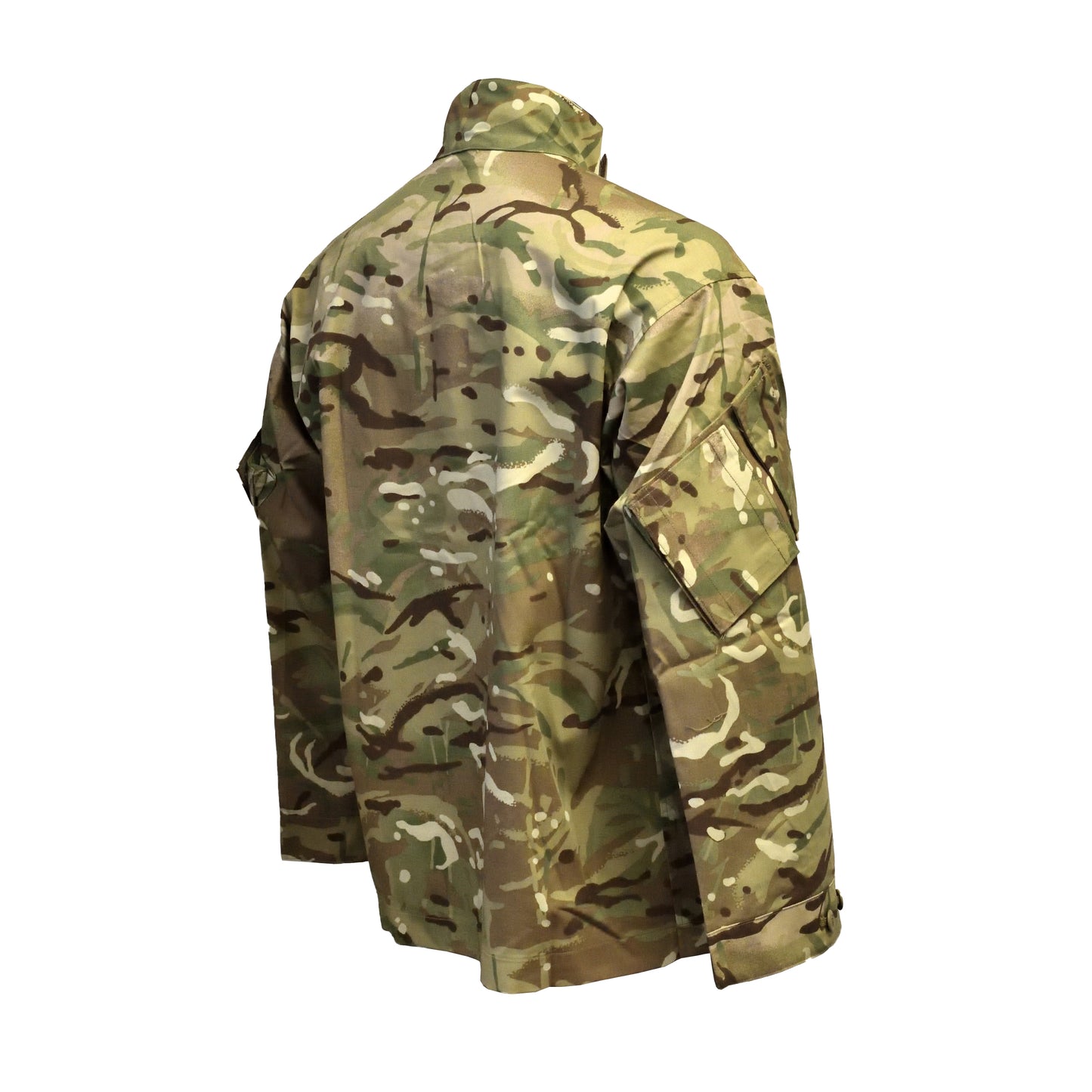 Angled rear right view of British Army MTP Combat Jacket "2" showing shoulder fit.