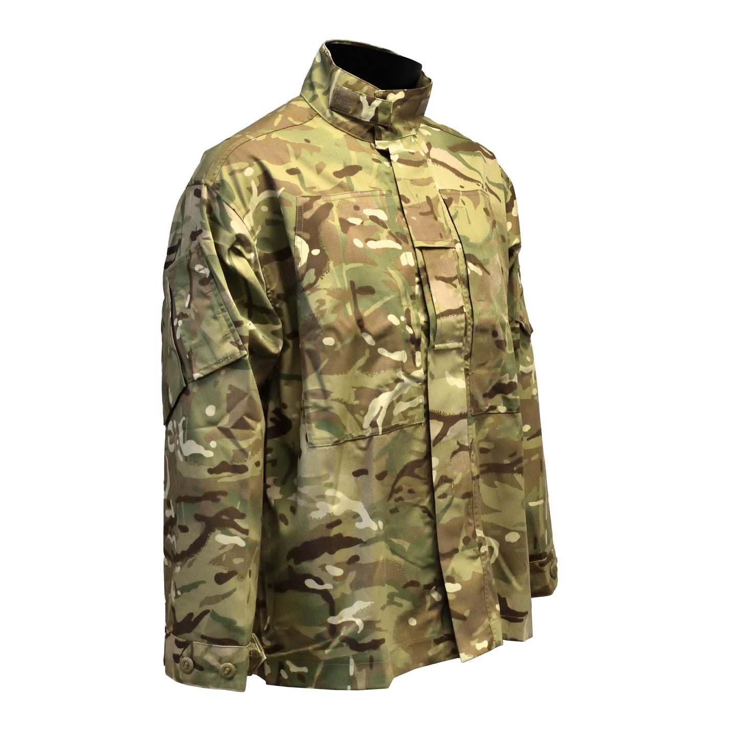 Angled front right view of British Army Jacket "2" MTP with chest pockets visible.