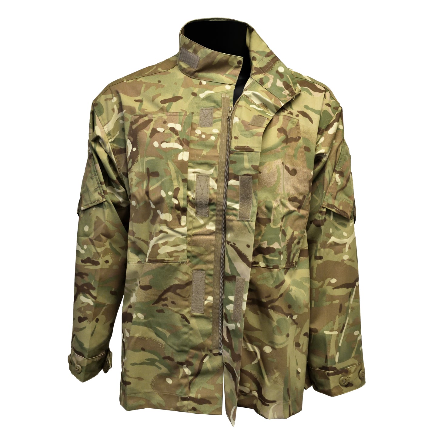 Front view of unzipped chest and collar on Temperate Weather Combat Jacket MTP.