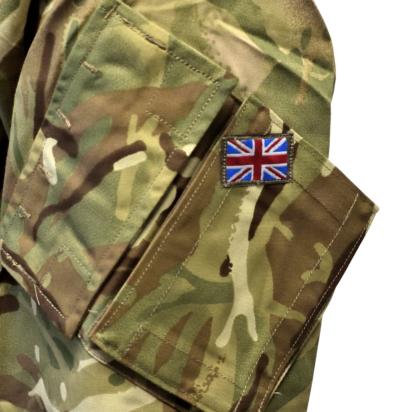 Close-up of small Union Jack flag stitched onto British Army Temperate Weather Combat Jacket "2" MTP.