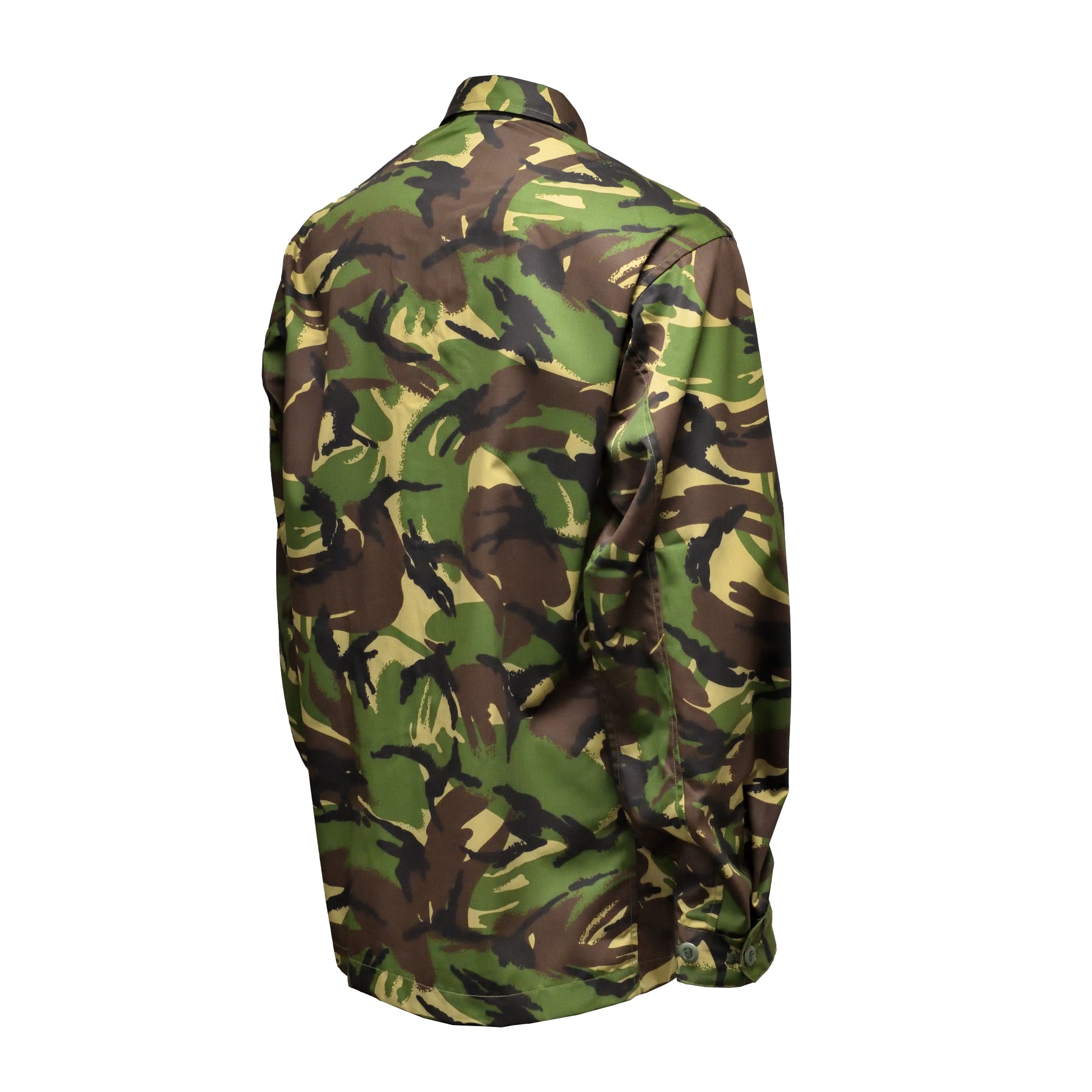 Angled rear right view of British Army Combat Jacket with camouflage pattern.