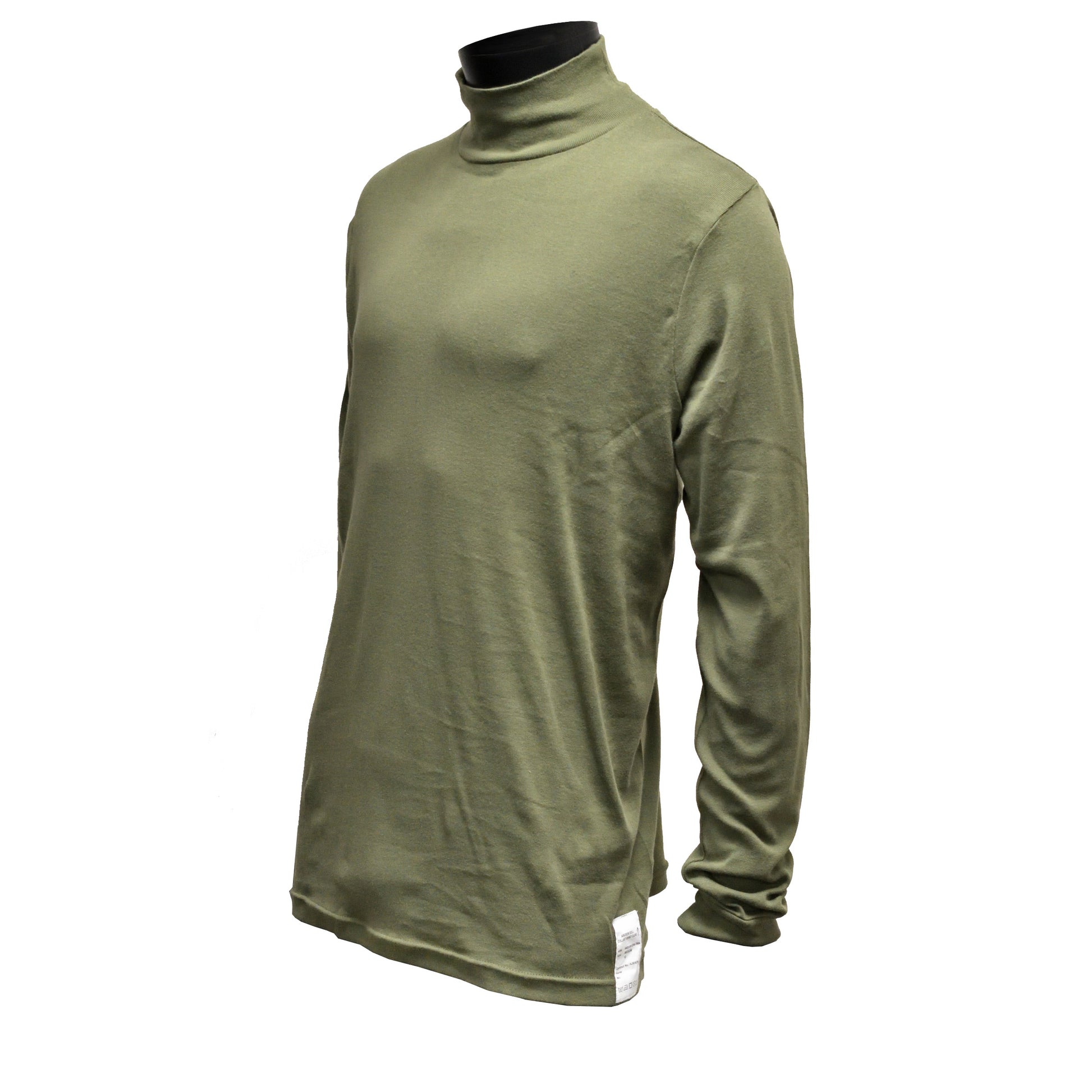 Left-angled front shot of British Army Long Sleeve Rollneck Aircrew T-Shirt Olive showing fit and fabric texture.