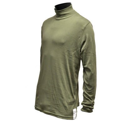 Left-angled front shot of British Army Long Sleeve Rollneck Aircrew T-Shirt Olive showing fit and fabric texture.