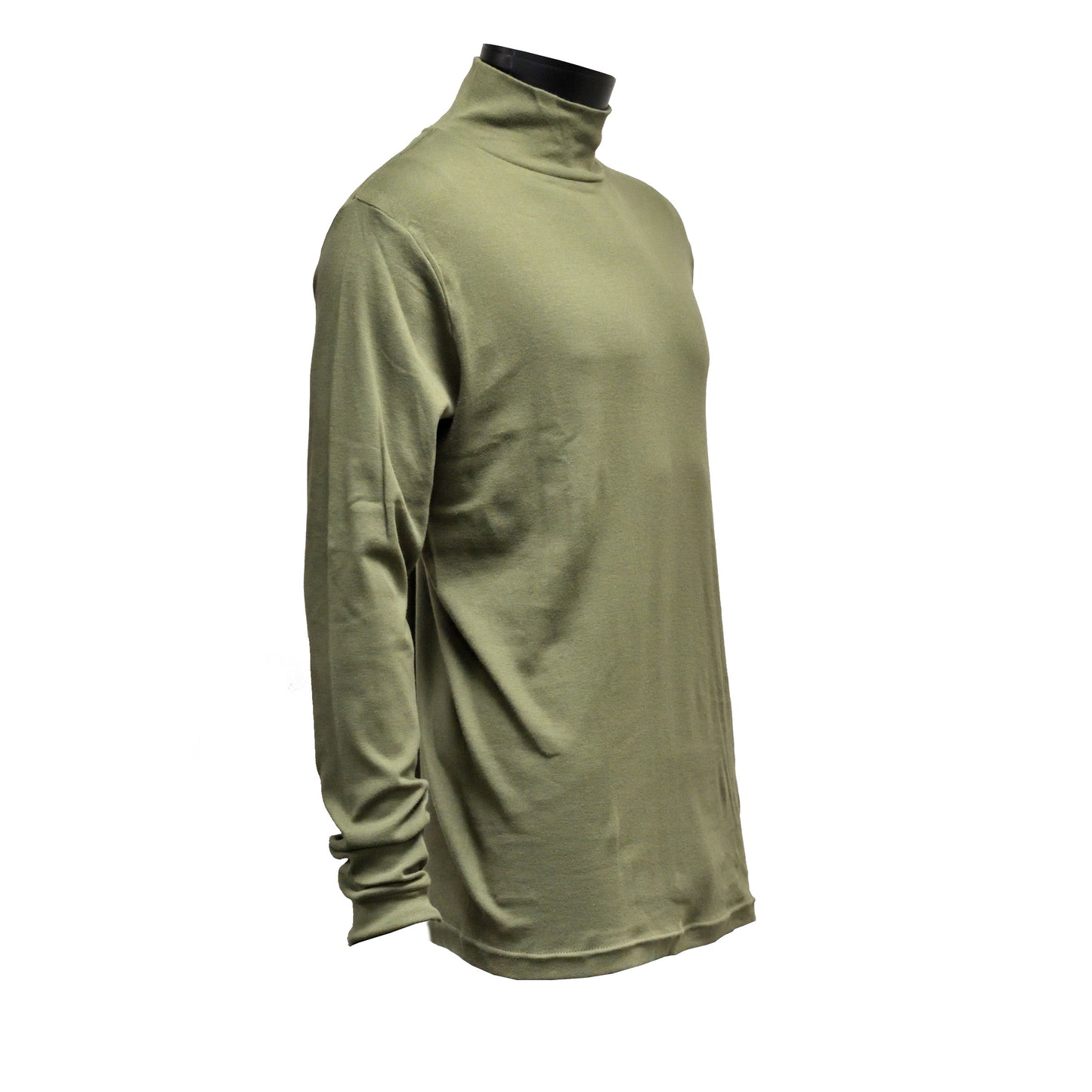 Right-angled front view of British Army Long Sleeve Rollneck Aircrew T-Shirt Olive highlighting neckline and sleeves.