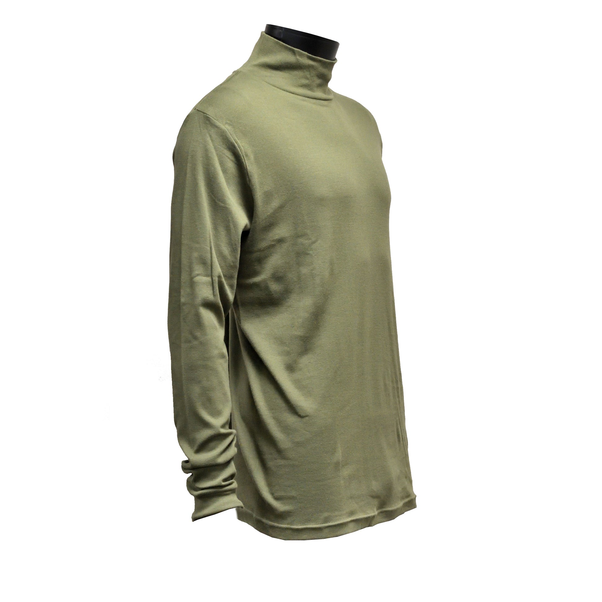 Right-angled front view of British Army Long Sleeve Rollneck Aircrew T-Shirt Olive highlighting neckline and sleeves.