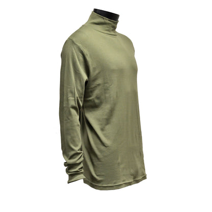 Right-angled front view of British Army Long Sleeve Rollneck Aircrew T-Shirt Olive highlighting neckline and sleeves.