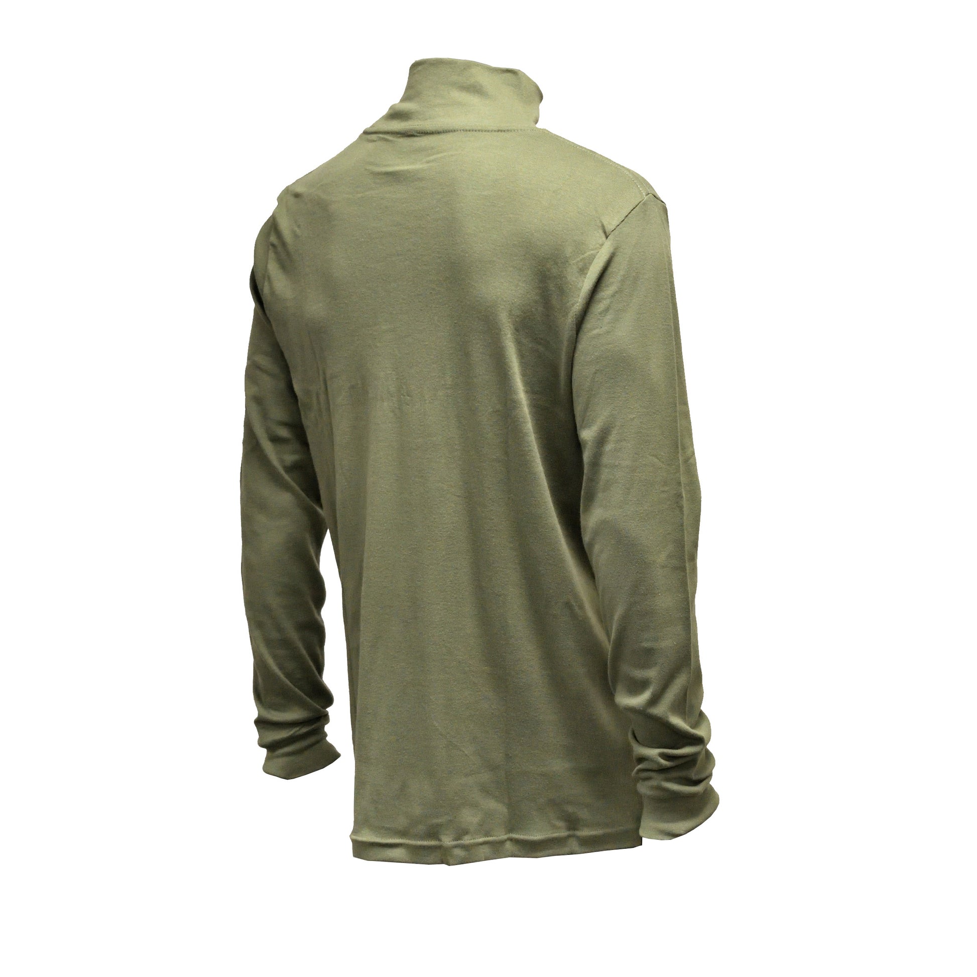Right-angled rear shot of British Army Long Sleeve Rollneck Aircrew T-Shirt Olive showing full length and cut.