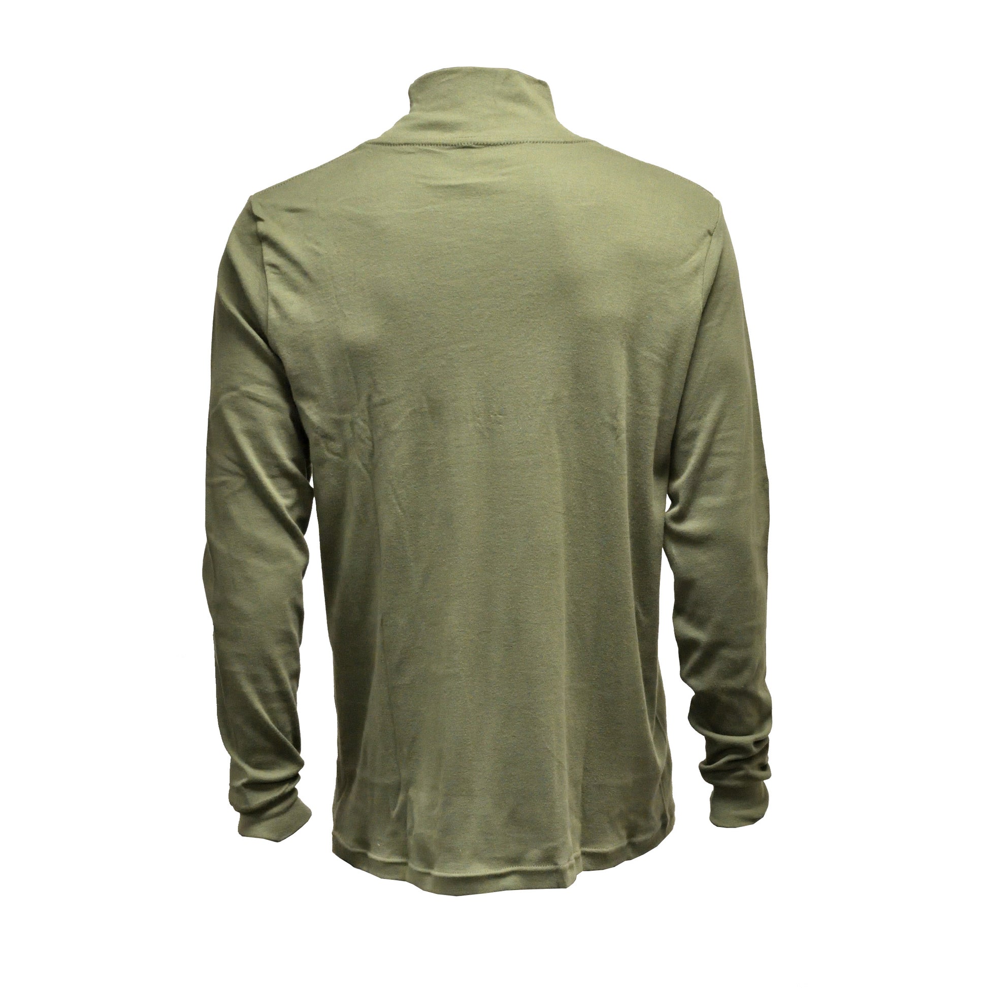 Rear view of British Army Long Sleeve Rollneck Aircrew T-Shirt Olive showing overall fit.