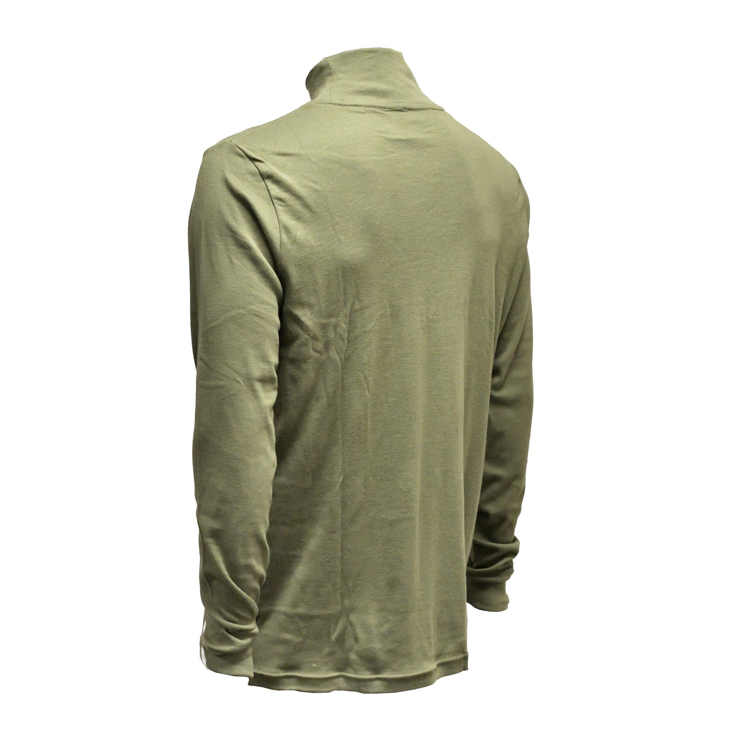 Left-angled rear view of British Army Long Sleeve Rollneck Aircrew T-Shirt Olive showing back panel and stitching.