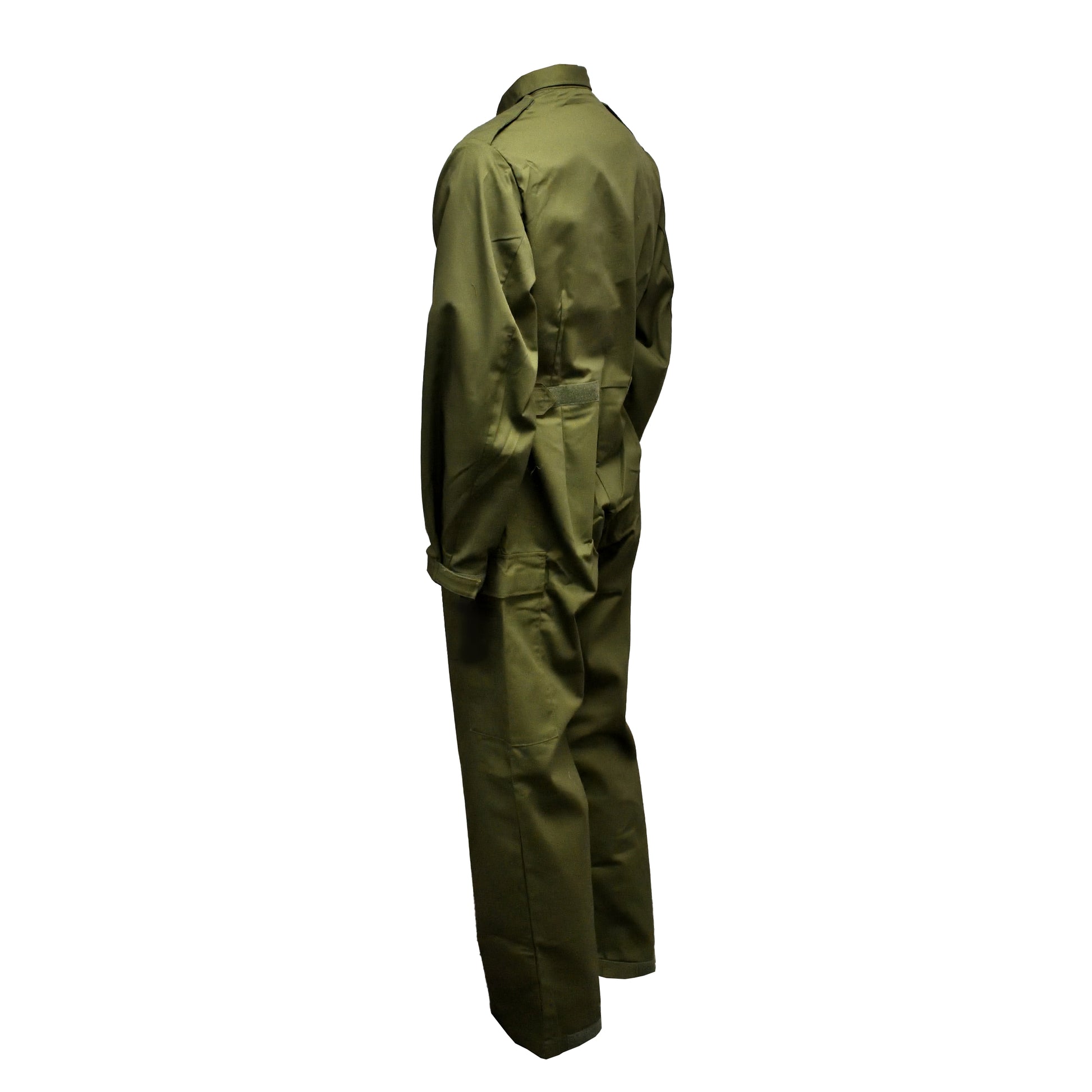 Angled rear left view showing shoulder seams and relaxed fit of Olive Coveralls.