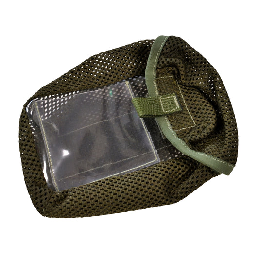 Front view of British Army Mesh Bag in Olive with drawstring closure.