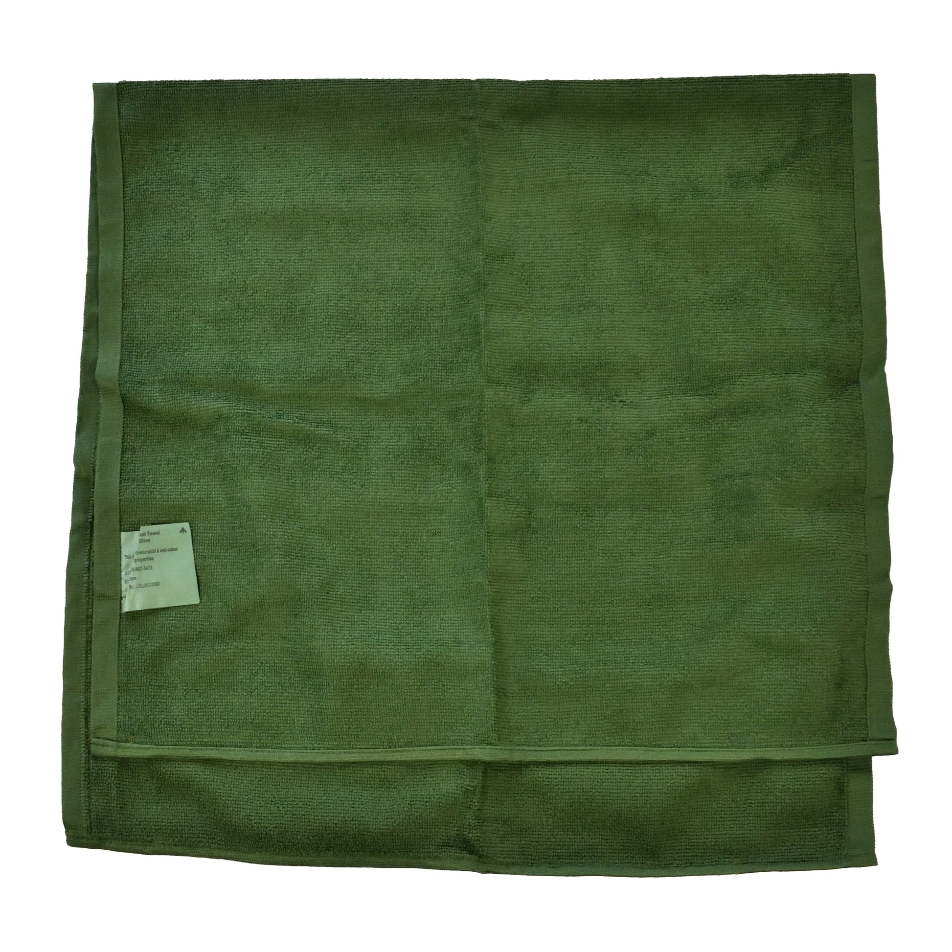 Unrolled view of Micro Fleece Towel in Olive showing full size and edge stitching.
