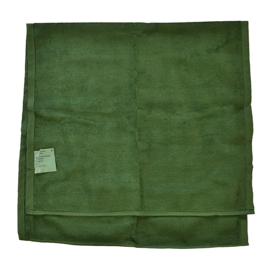 Unrolled view of Micro Fleece Towel in Olive showing full size and edge stitching.