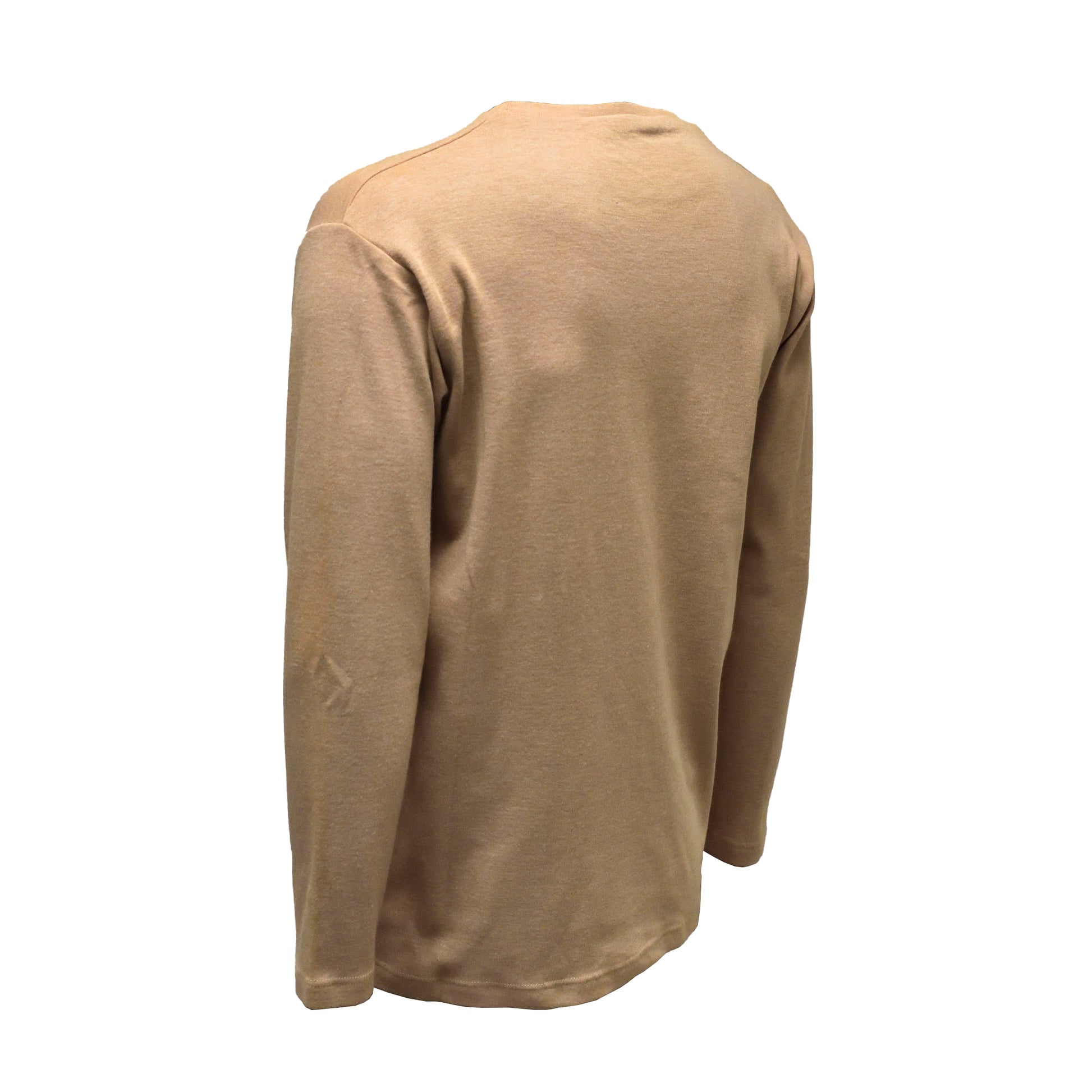 Angled rear left view of Long Sleeve Desert Shirt with straight hemline.