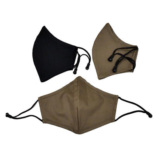 Three Scimitar Fluid Repellant Face Masks stacked together—2 tan, 1 black—for everyday protection.