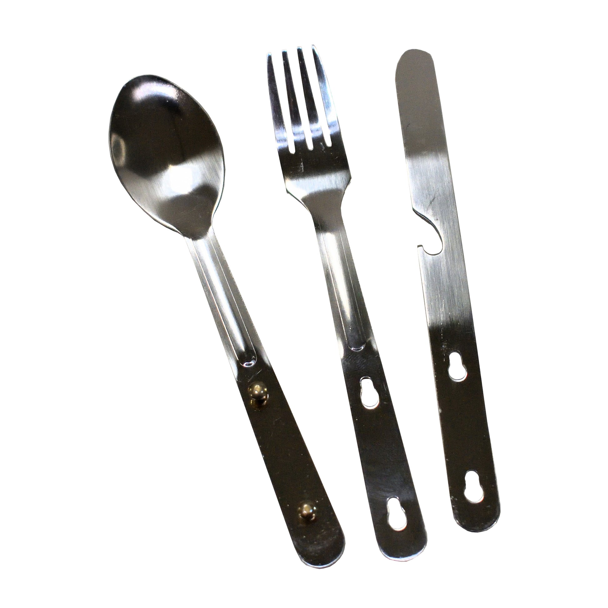 Cutlery laid out of British Army 3 Piece Set pouch showing knife, fork, and spoon.