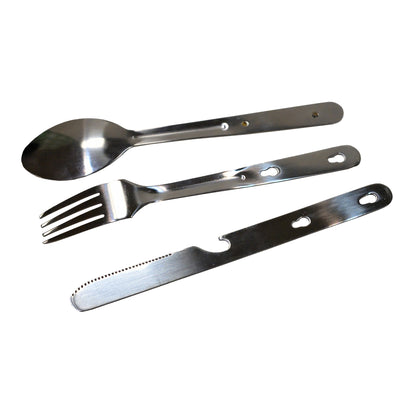 Detailed shot of metal finish on British Army 3 Piece Cutlery Set utensils.