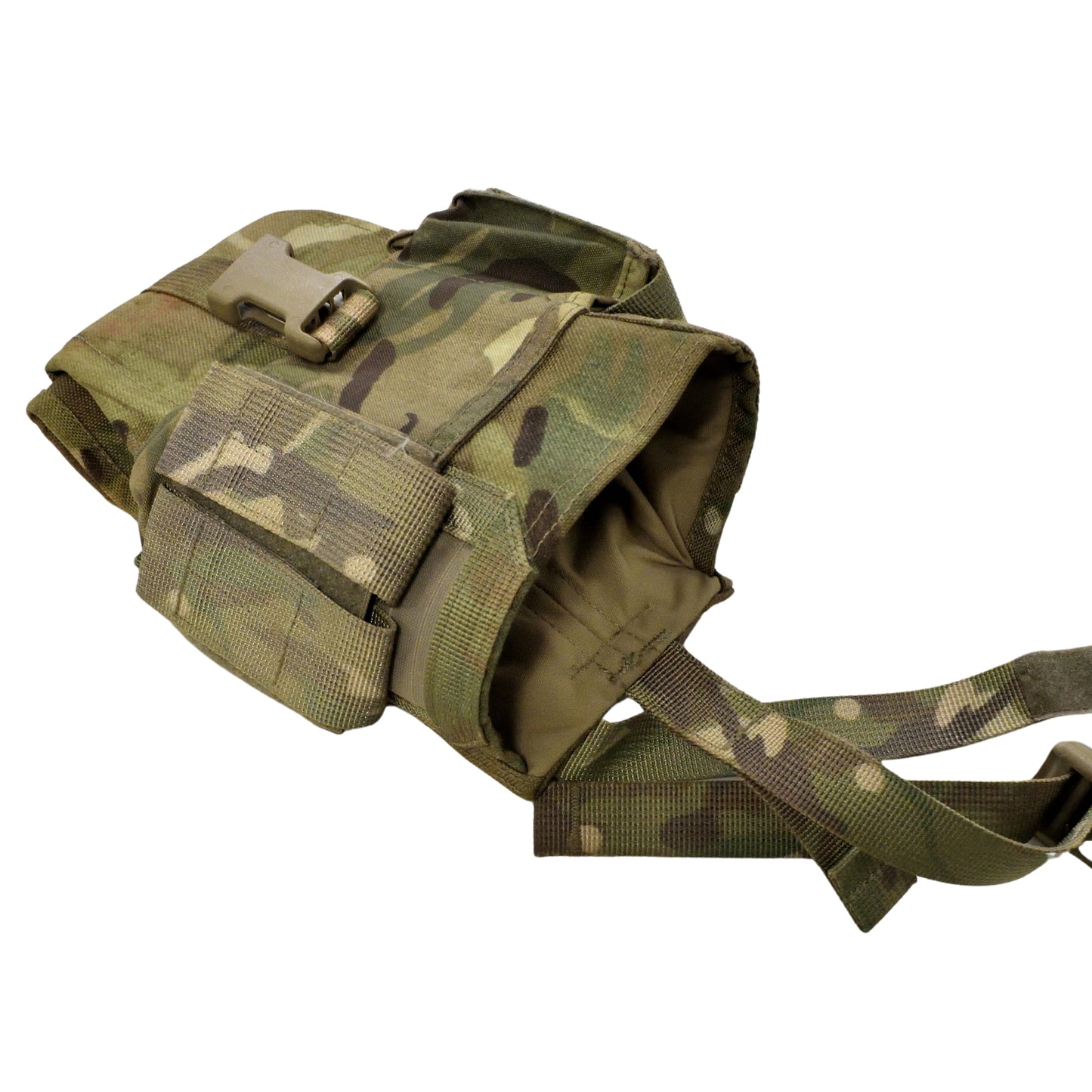Angled top-down view of British Army 354 Radio Pouch MTP with flap open.