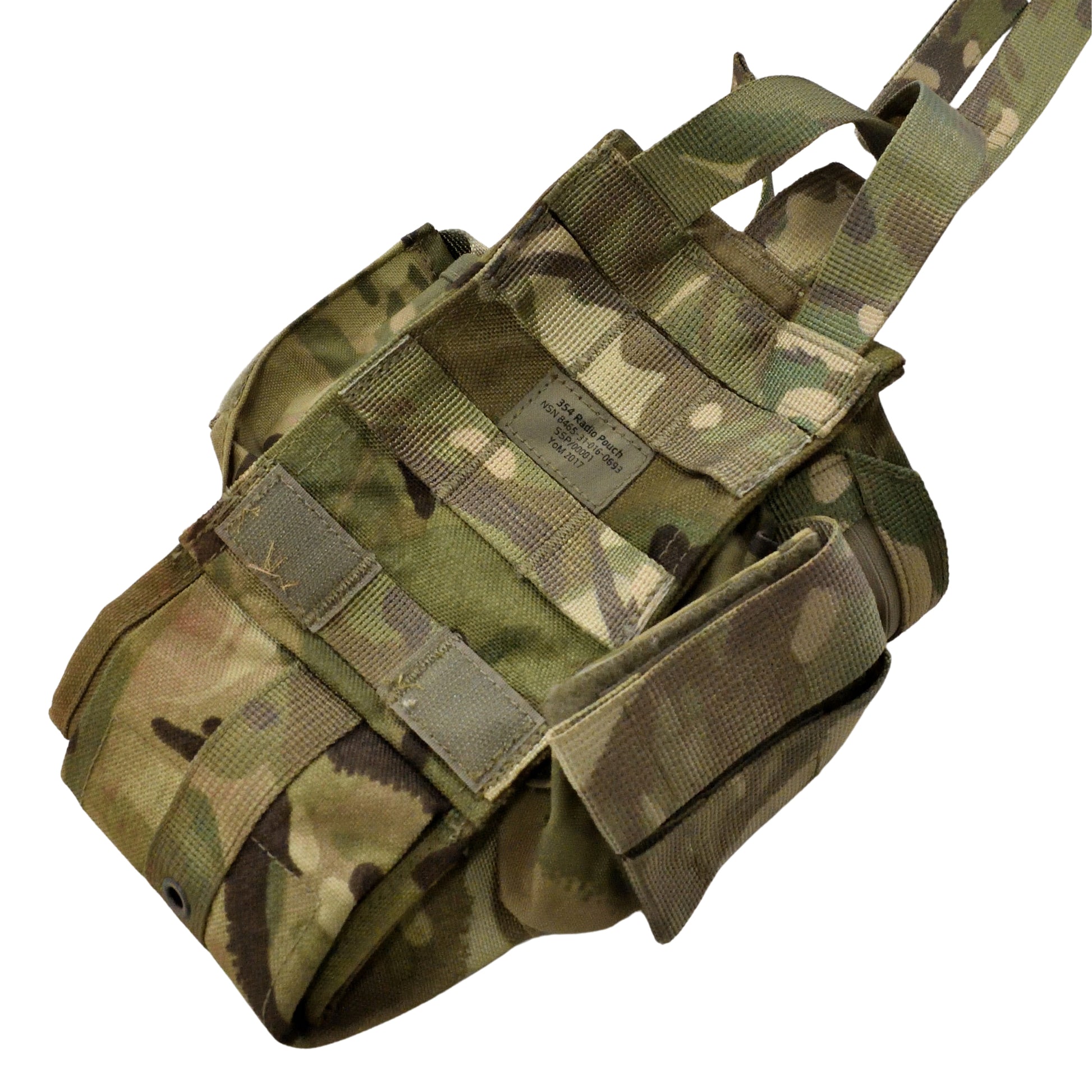 Rear view of British Army 354 Radio Pouch MTP showing MOLLE system.