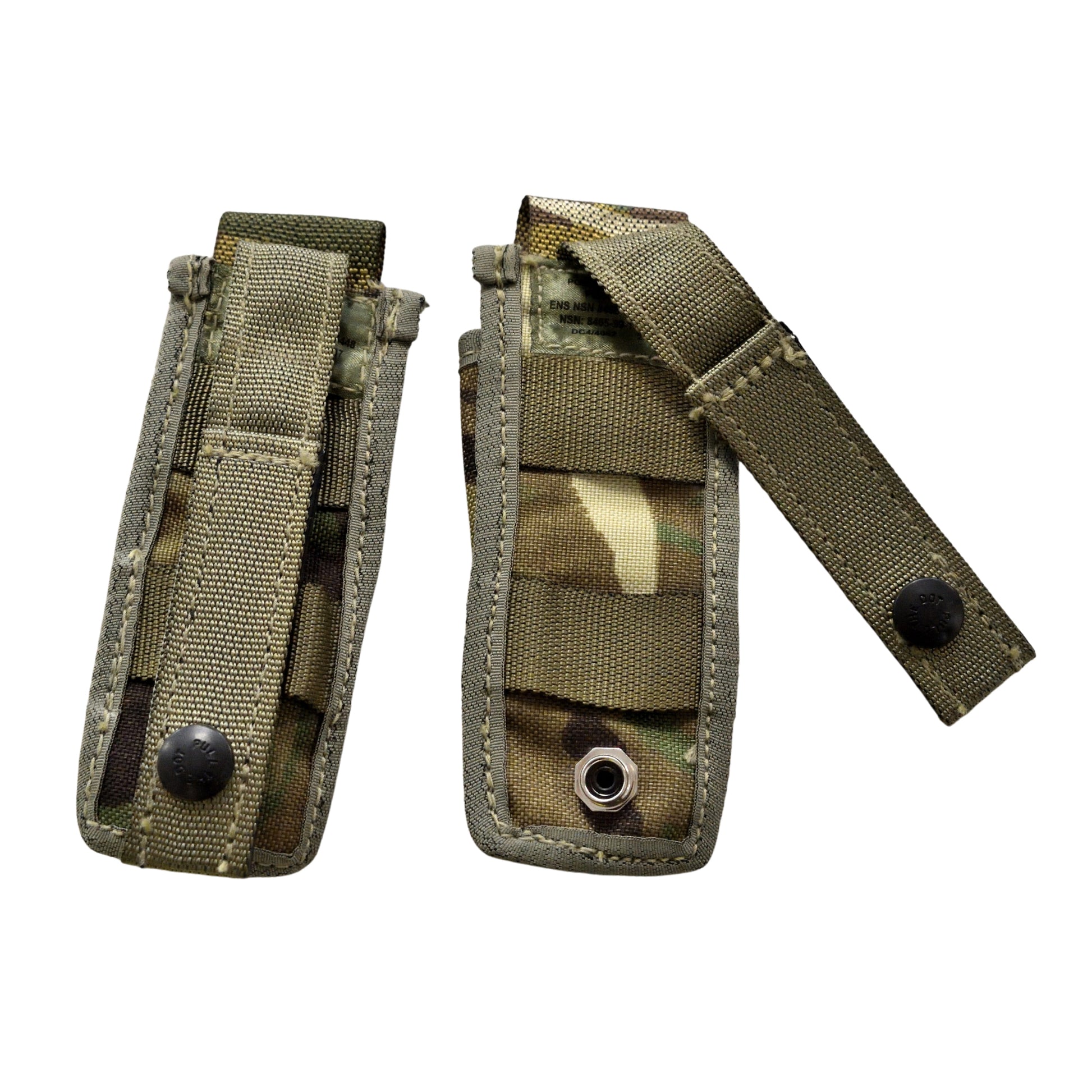 Macro image of camouflage fabric and reinforced stitching on British Army 9mm Holster Assembly.