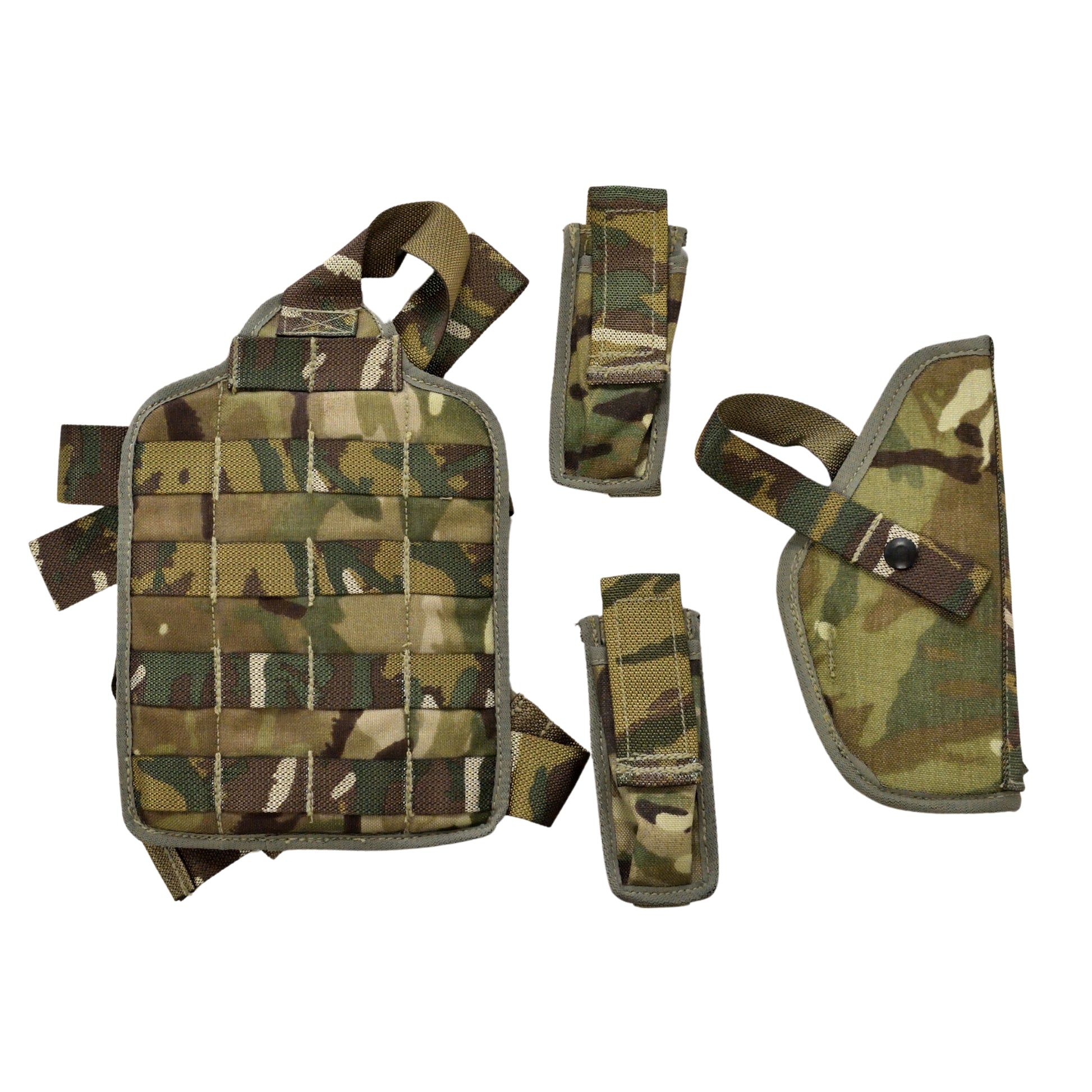 British Army 9mm Pistol Holster Assembly MTP laid flat, showing full profile and structure.