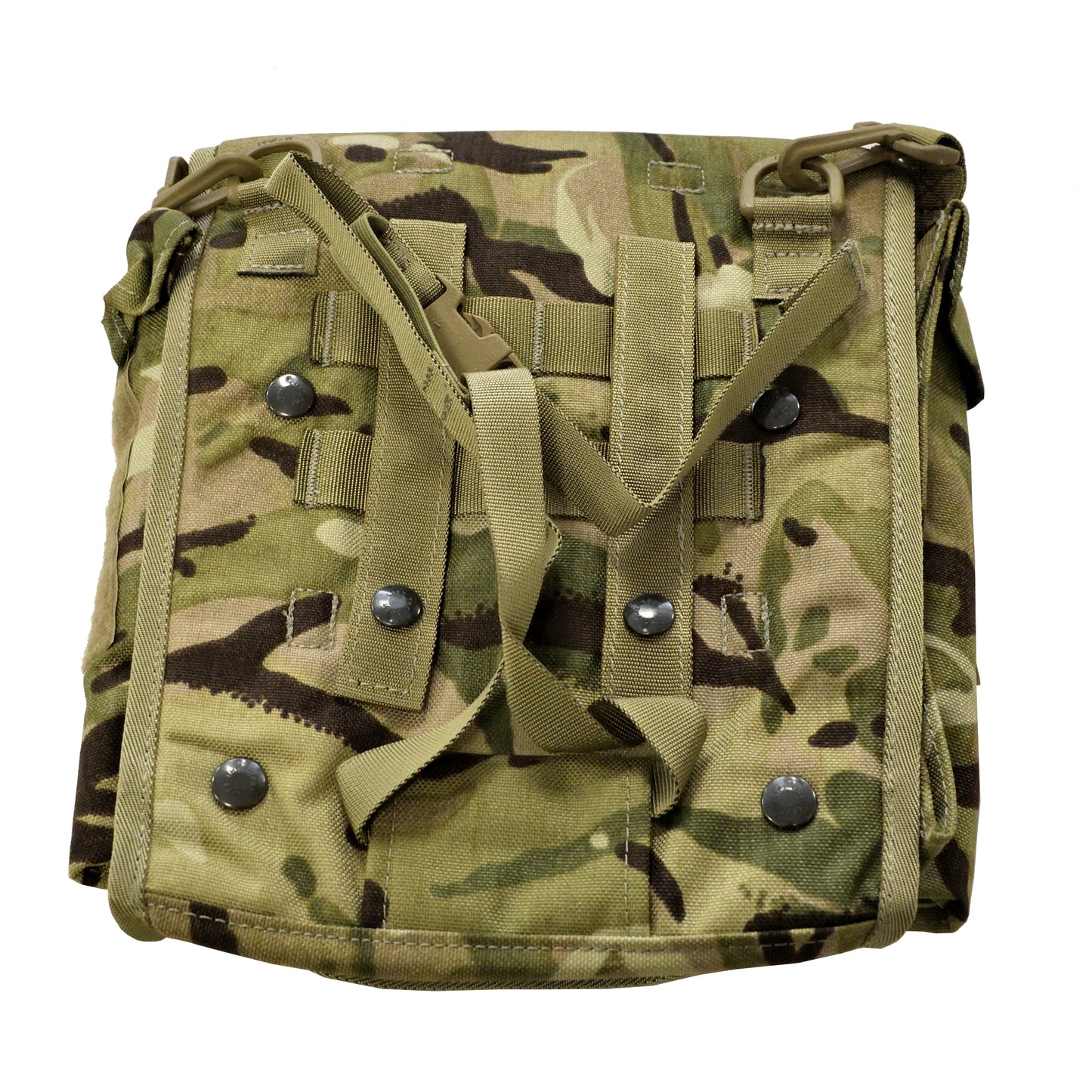 Rear view of British Army Avon Spare Field Pack MTP showing MOLLE webbing system.