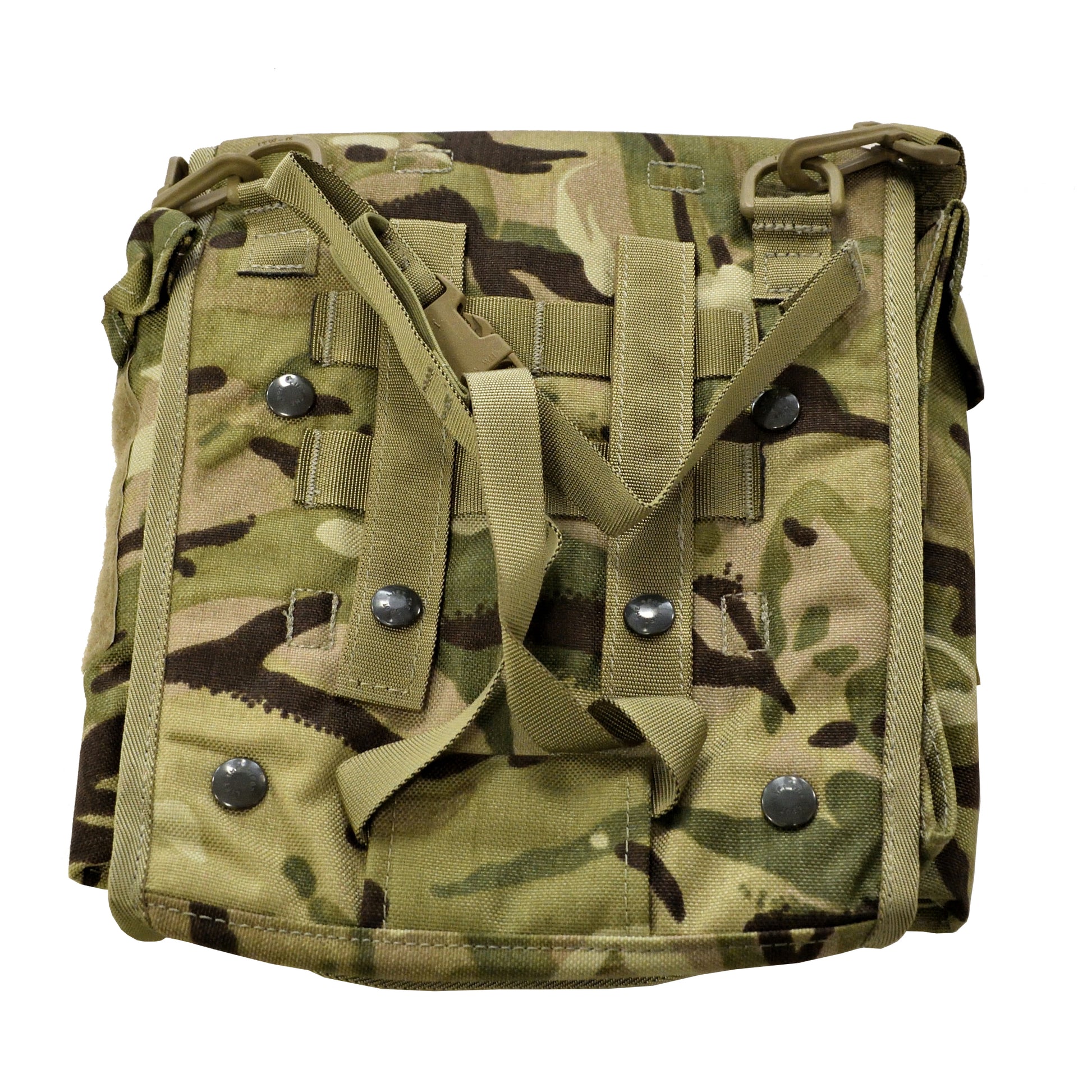 Rear view of British Army Avon Spare Field Pack MTP showing MOLLE webbing system.