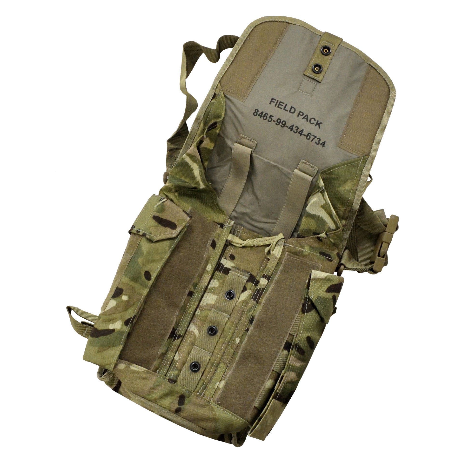 British Army Avon Spare Field Pack MTP laid flat, showing overall design and compartments.