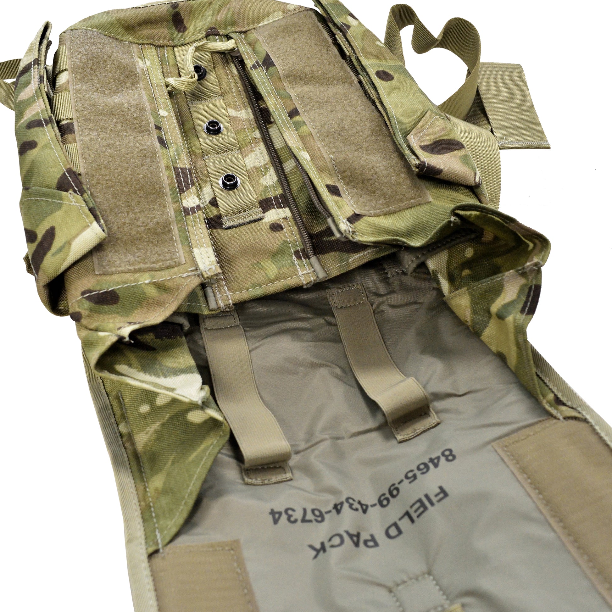 Close-up of opened flap on British Army Avon Spare Field Pack MTP.