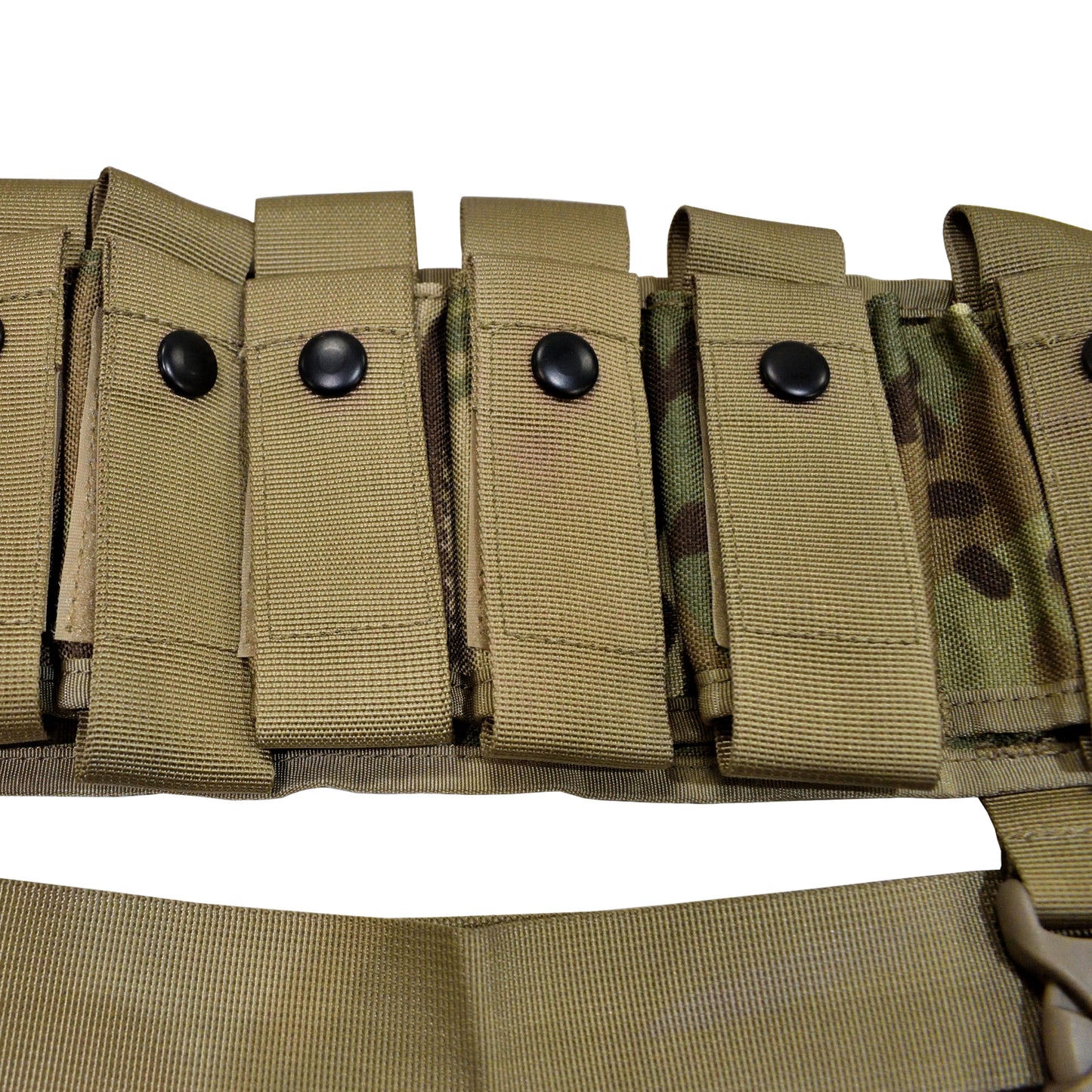 Close-up of multiple pouches on British Army Multipouch Bandolier Belt MTP.