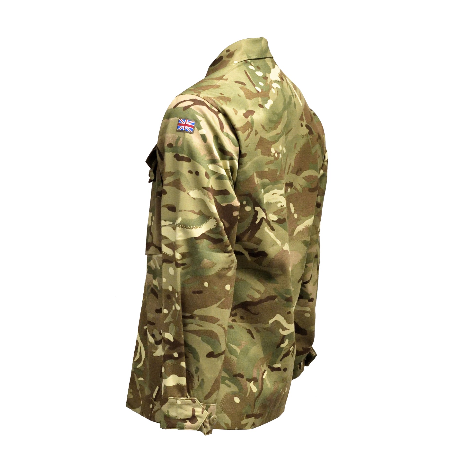 Left-angled rear view of British Army Barrack Shirt, highlighting back panel and sleeve details.