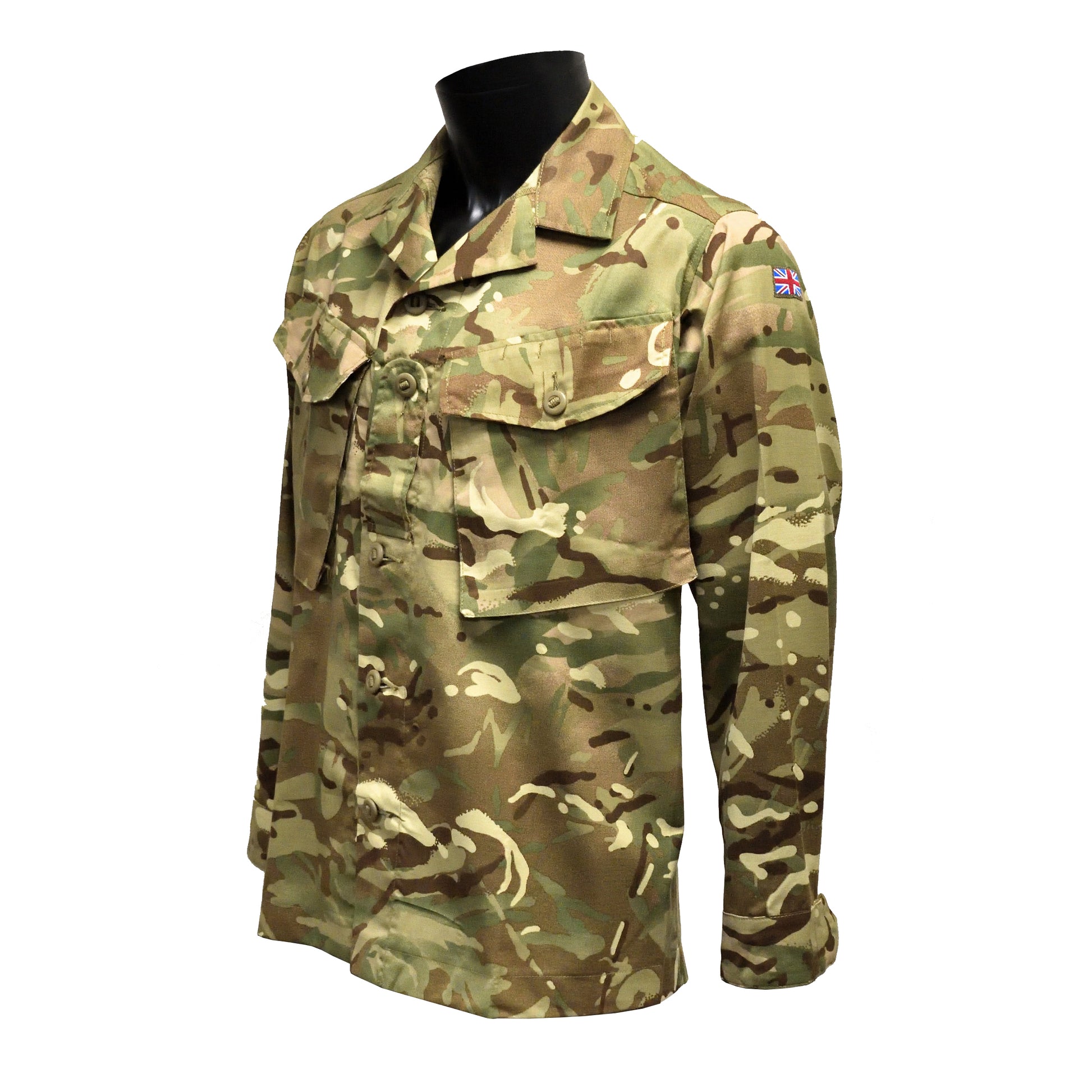 Left-angled front shot of MTP camo British Army Barrack Shirt, showing chest pockets and cut.