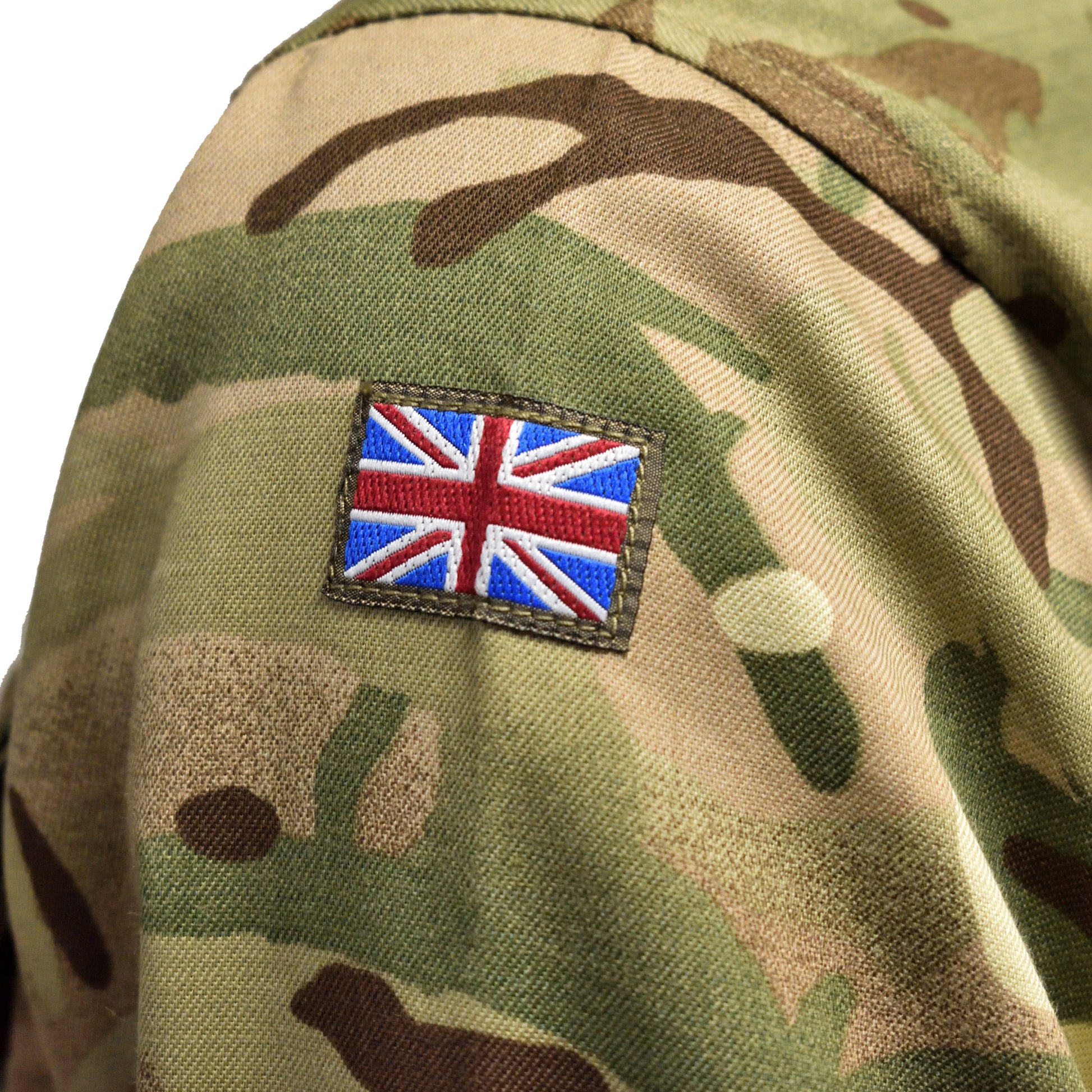 Macro image of Union Jack badge stitched on British Army Barrack Shirt in MTP camouflage.