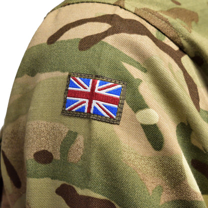 Macro image of Union Jack badge stitched on British Army Barrack Shirt in MTP camouflage.