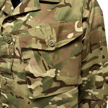 Close-up of front pocket and button on British Army MTP Barrack Shirt, showing durable construction.