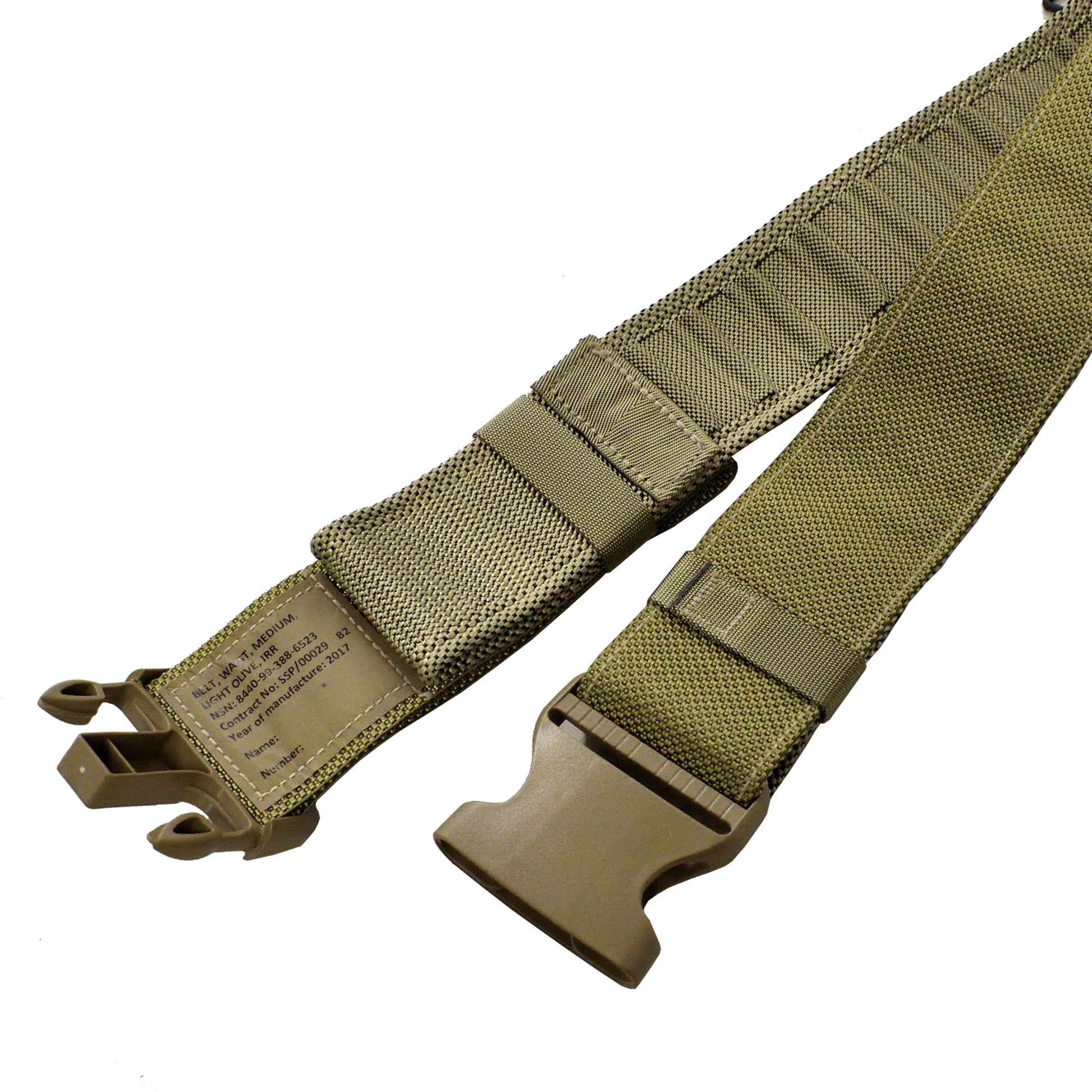 Close-up of buckle and strap detail on British Army Waist Belt in olive color.