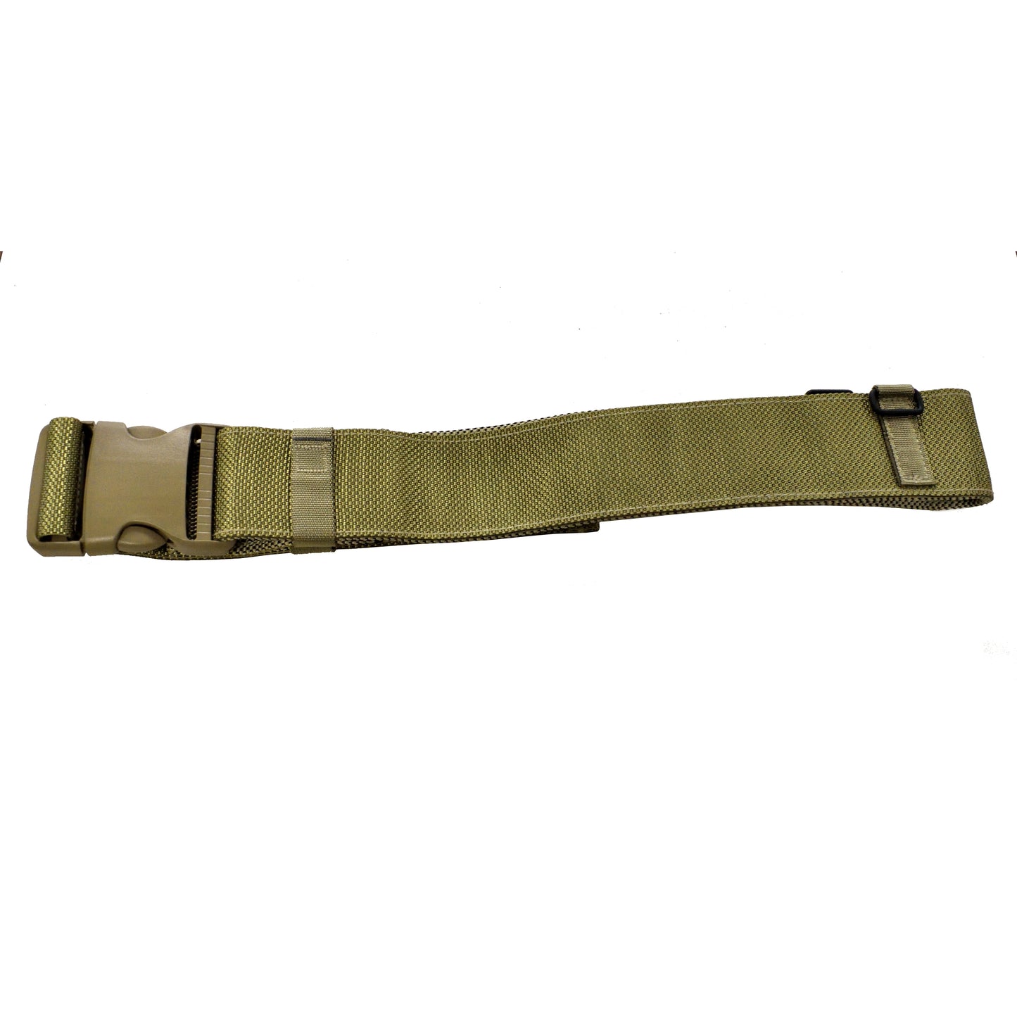 Side view of British Army Olive IRR Waist Belt with reinforced stitching.