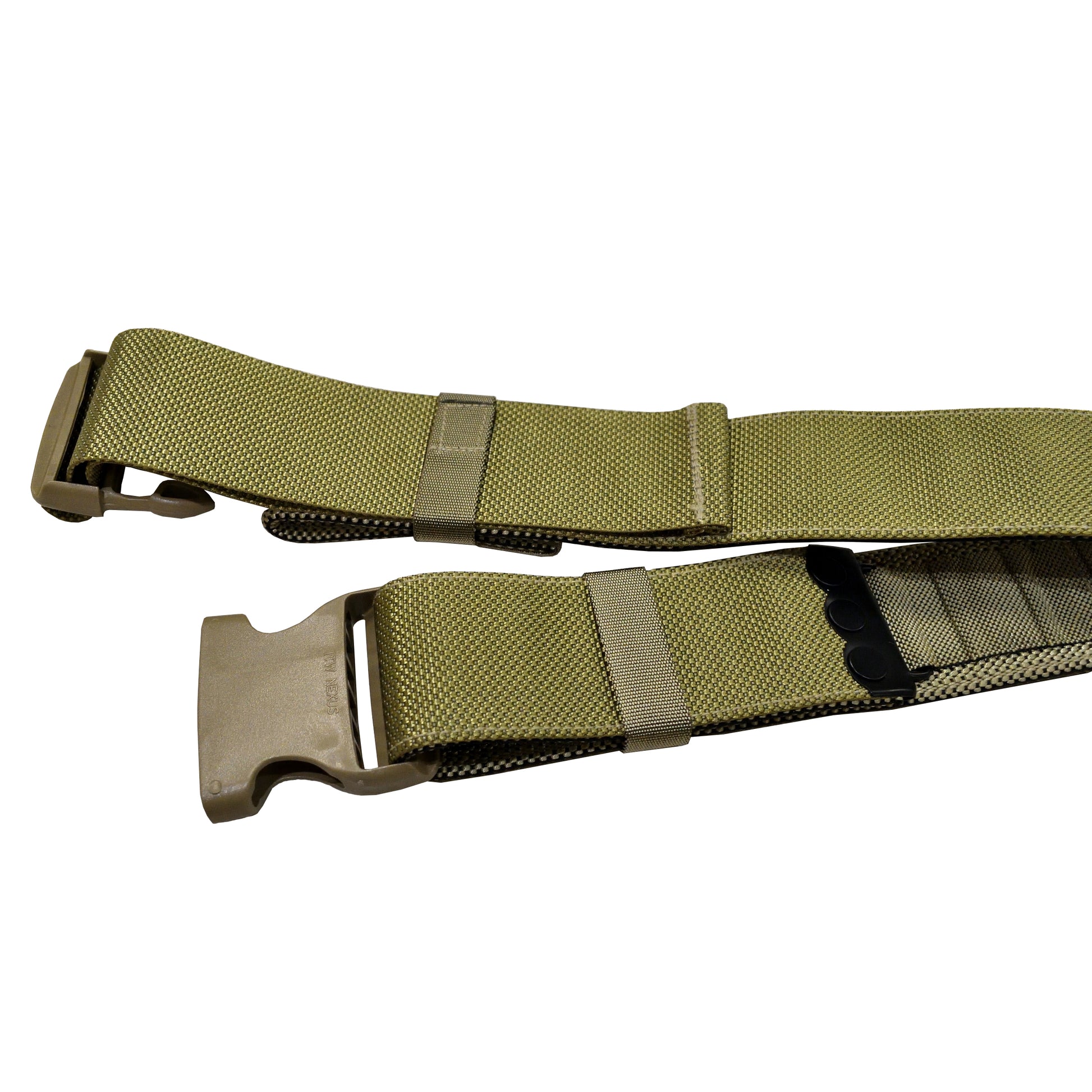 Detail shot of British Army Waist Belt buckle in olive IRR fabric.