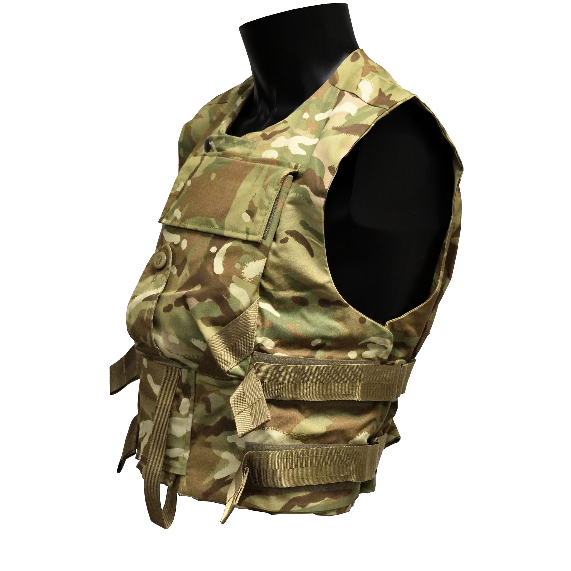 Left-angled front shot of British Army ECBA Body Armour Cover ANS IS MTP without filler.