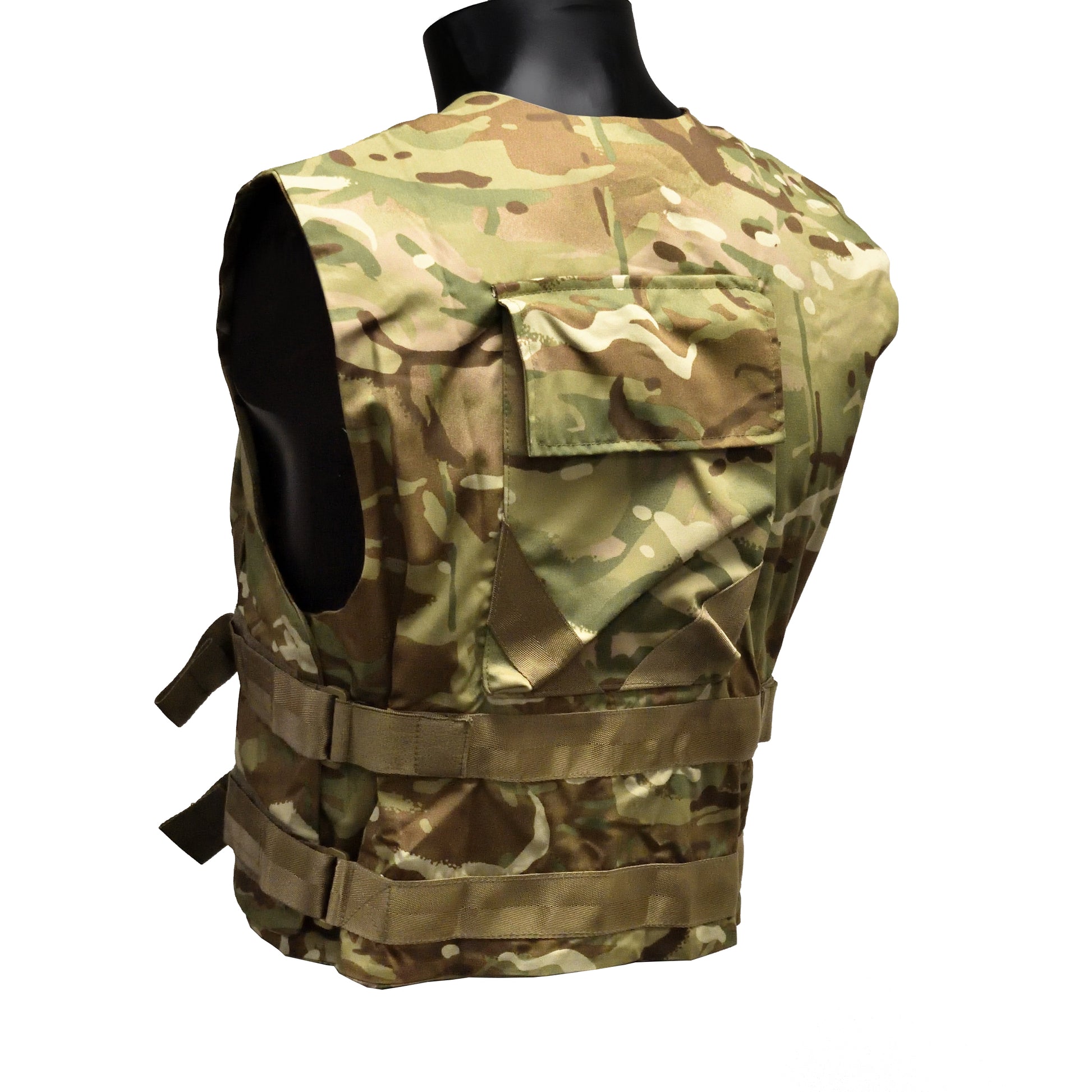 Left-angled rear view of British Army ECBA Body Armour Cover ANS IS MTP without filler.