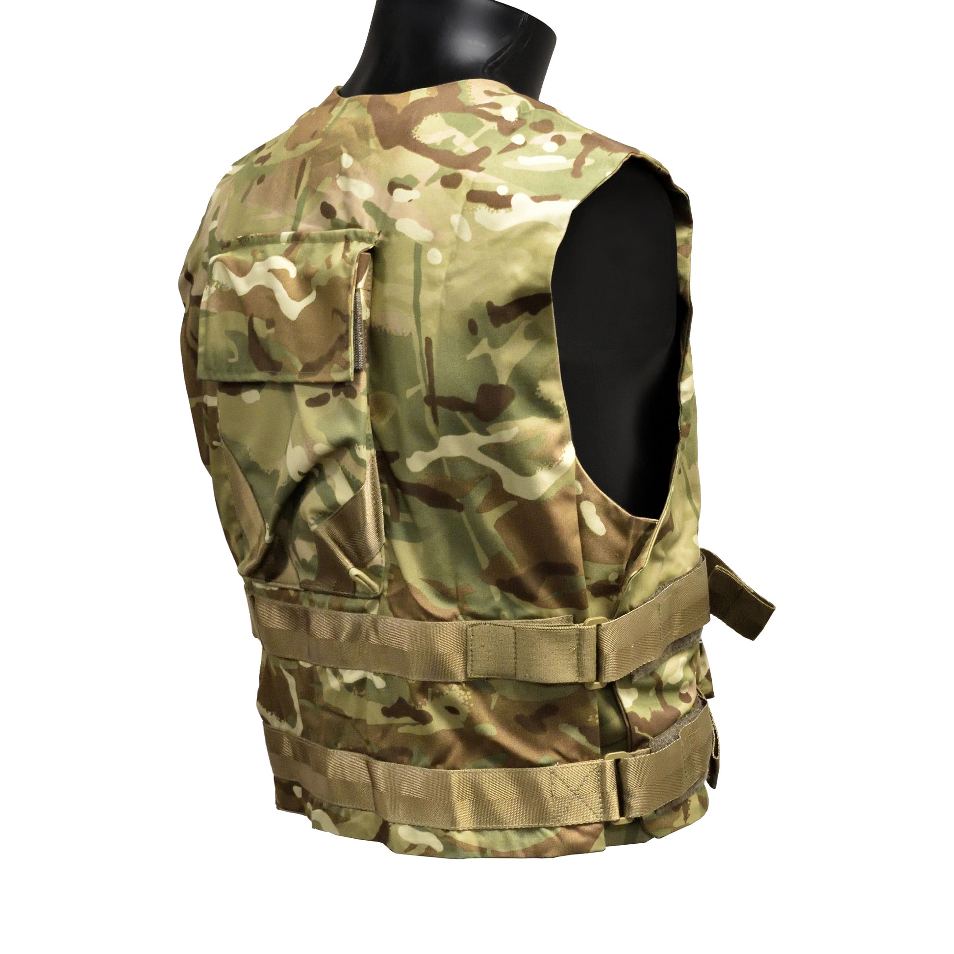 Right-angled rear view of British Army ECBA Body Armour Cover ANS IS MTP showing back panels.