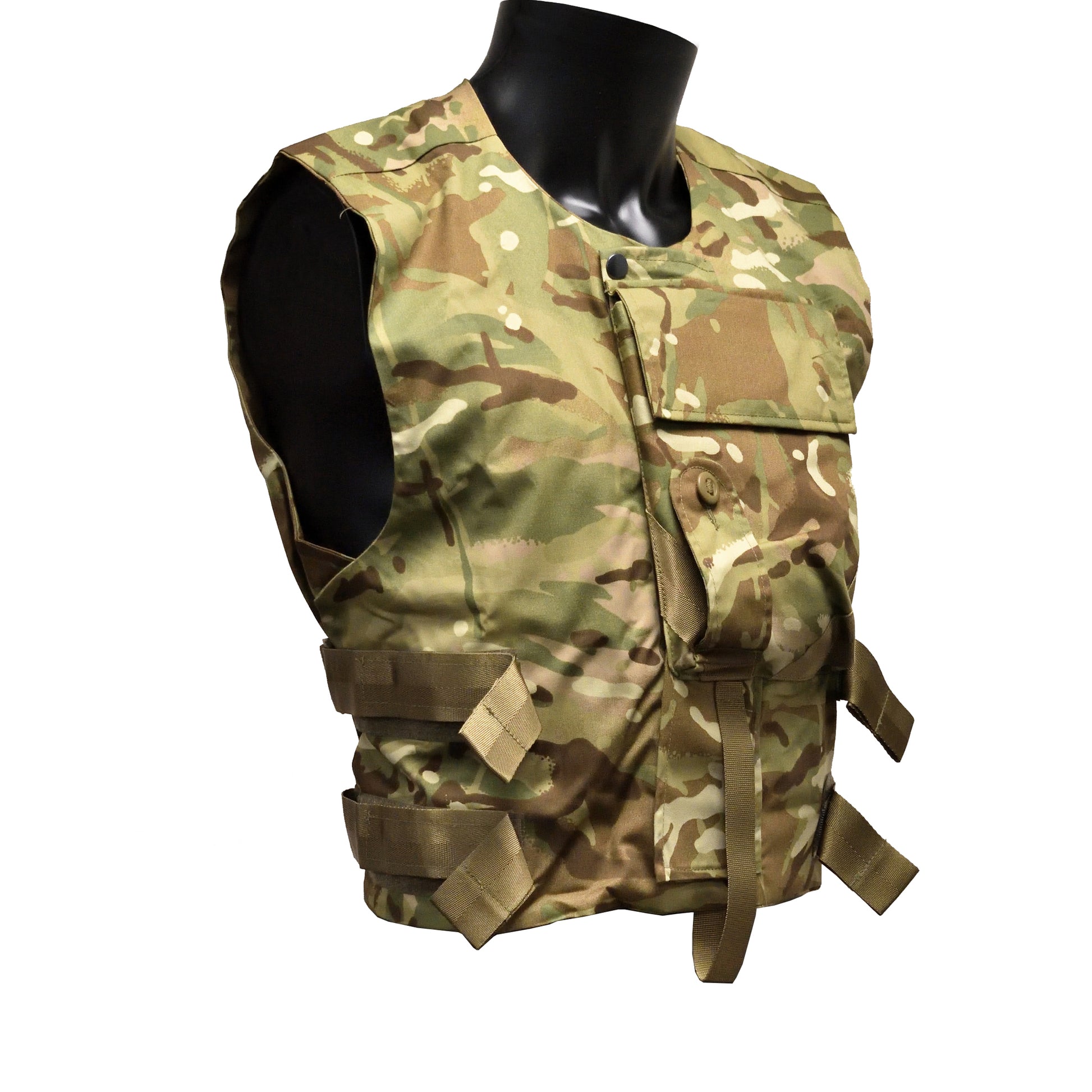 Right-angled front view of British Army ECBA Body Armour Cover ANS IS MTP, shirt-style fit.